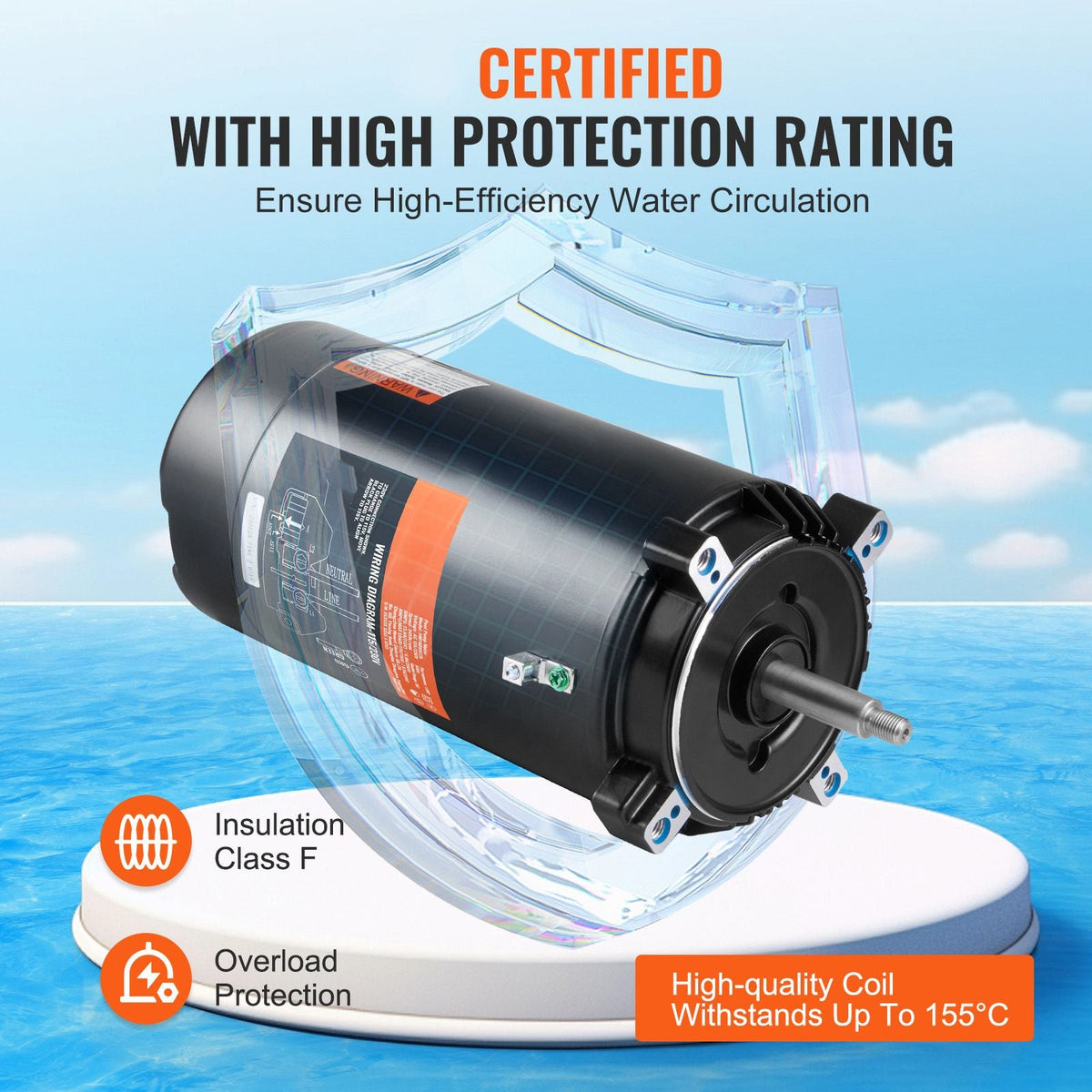 1.5 HP Pool Pump Motor, 56J Frame, 115V(13.6 Amps)/230V(6.8 Amps) 3450 RPM, 60Hz, 1.3 Service Factor, 90μF/250V Capacitor, CCW Rotation Round Flange Replacement Motor