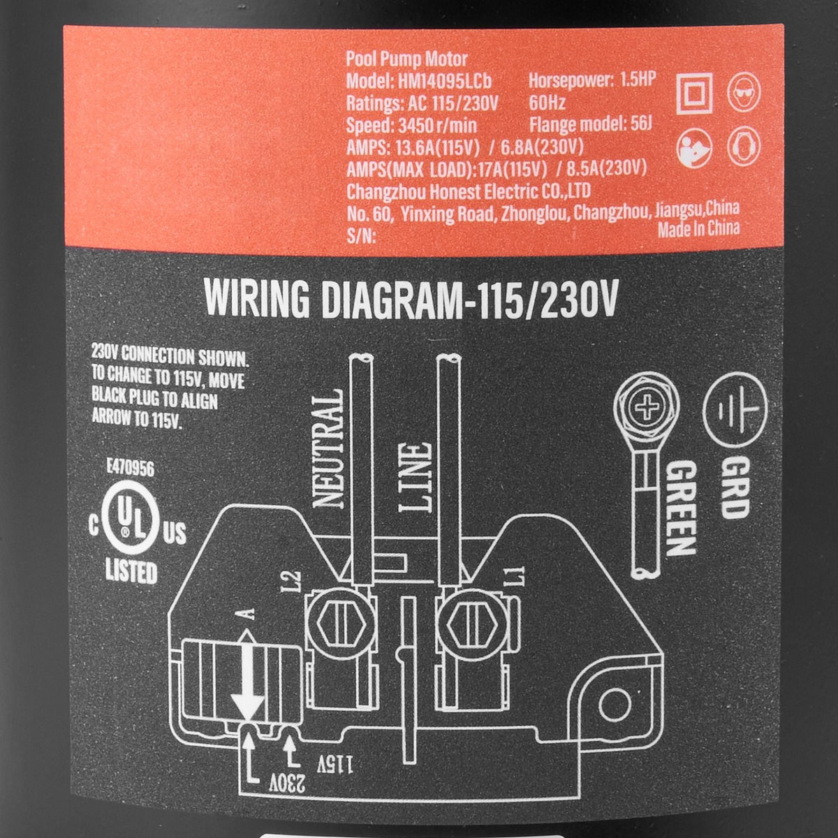 1.5 HP Pool Pump Motor, 56J Frame, 115V(13.6 Amps)/230V(6.8 Amps) 3450 RPM, 60Hz, 1.3 Service Factor, 90μF/250V Capacitor, CCW Rotation Round Flange Replacement Motor