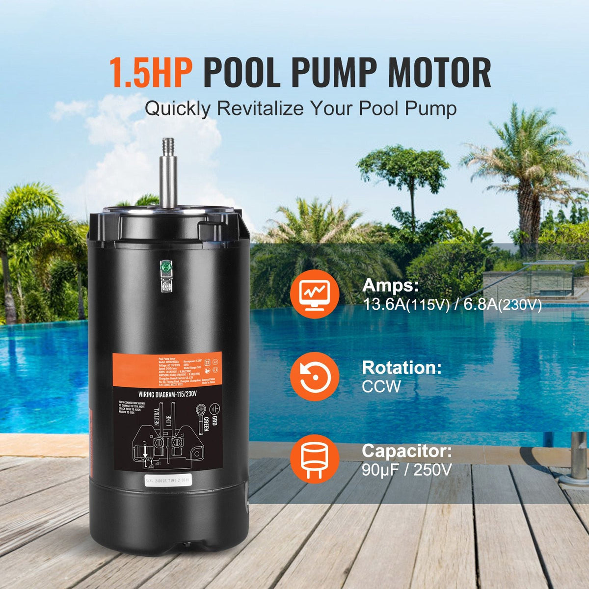 1.5 HP Pool Pump Motor, 56J Frame, 115V(13.6 Amps)/230V(6.8 Amps) 3450 RPM, 60Hz, 1.3 Service Factor, 90μF/250V Capacitor, CCW Rotation Round Flange Replacement Motor