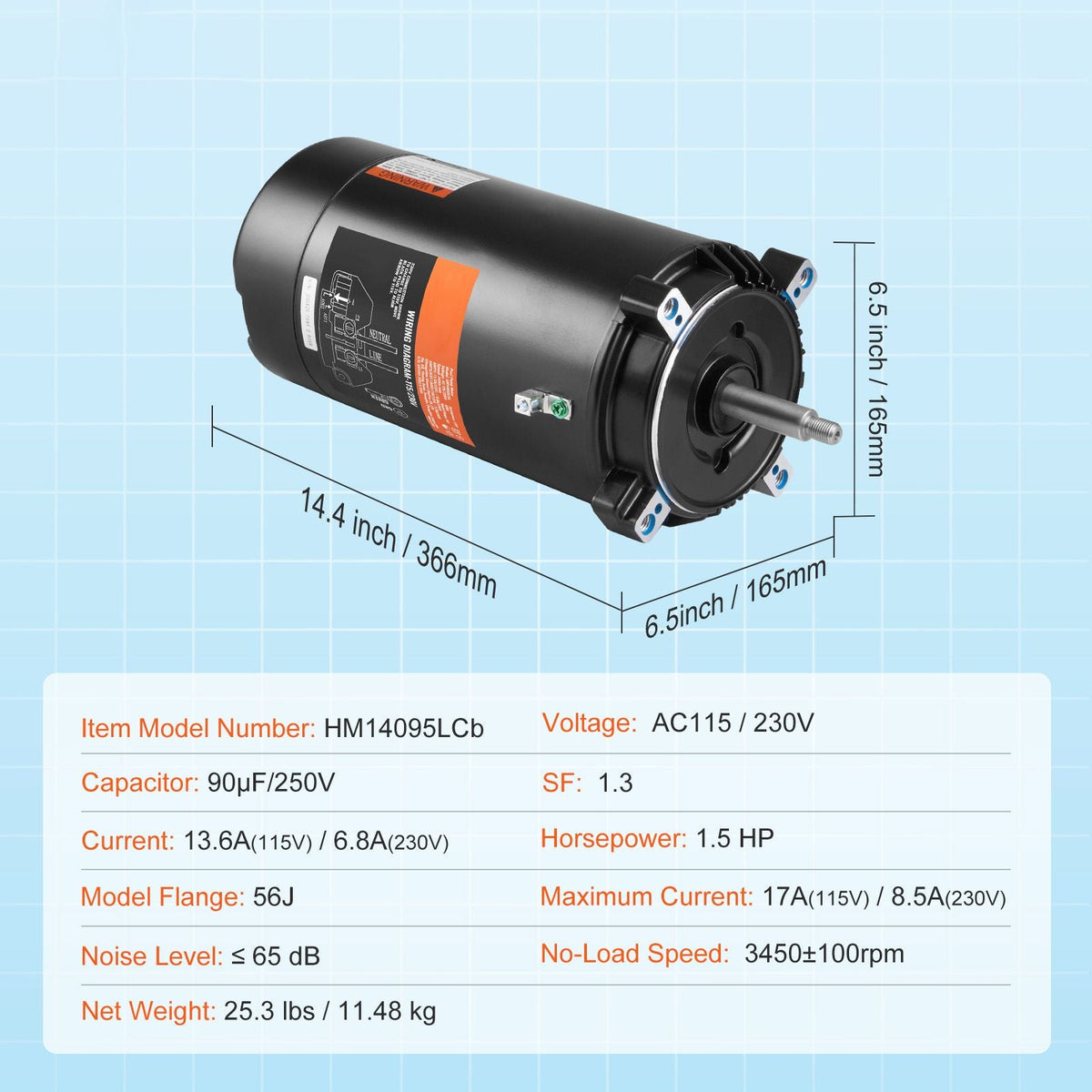1.5 HP Pool Pump Motor, 56J Frame, 115V(13.6 Amps)/230V(6.8 Amps) 3450 RPM, 60Hz, 1.3 Service Factor, 90μF/250V Capacitor, CCW Rotation Round Flange Replacement Motor
