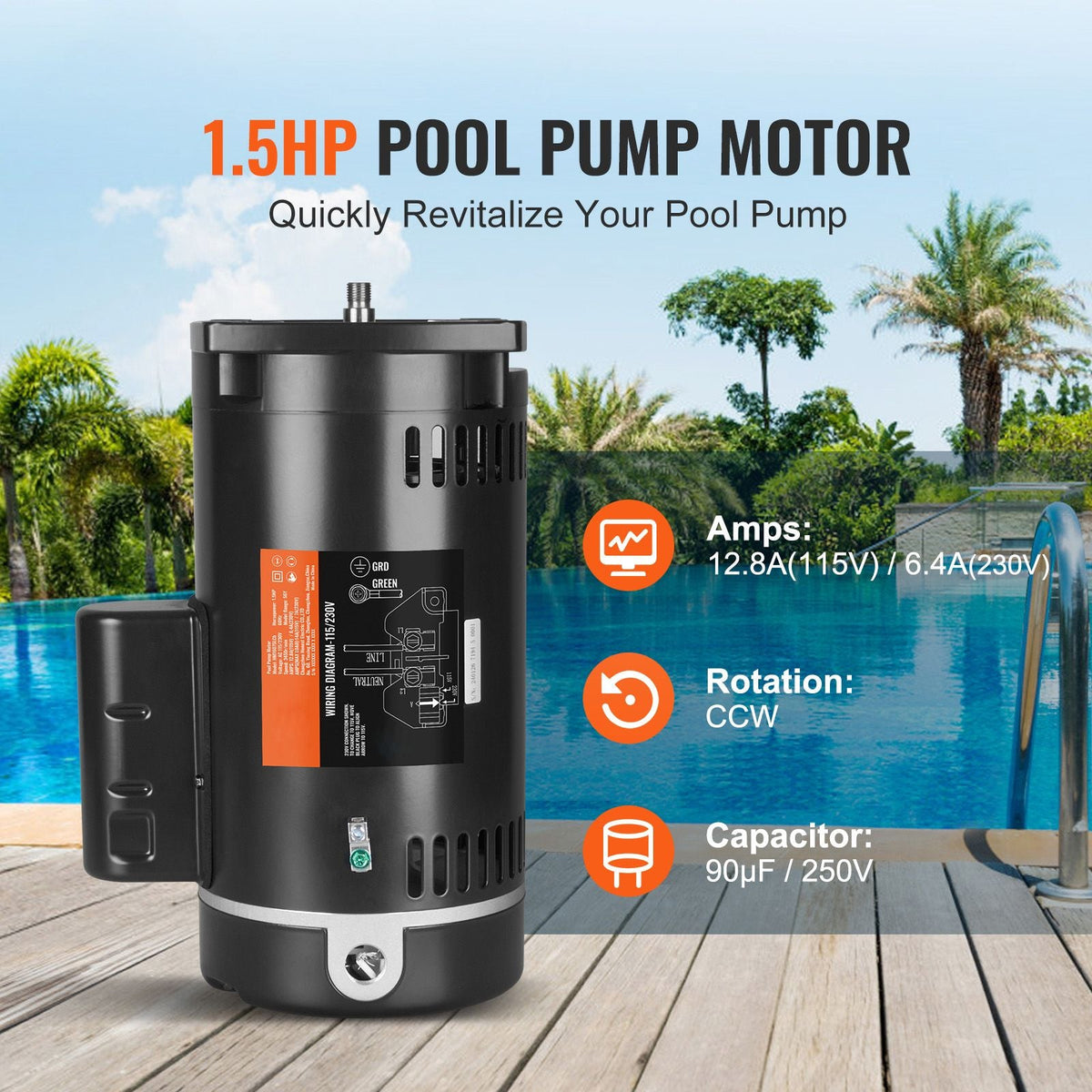 1.5 HP Pool Pump Motor, 56Y Frame, 115V((12.8 Amps))/230V(6.4 Amps) 3450 RPM, 60Hz, 1.1 Service Factor, 90μF/250V Capacitor, CCW Rotation Square Flange Replacement Motor