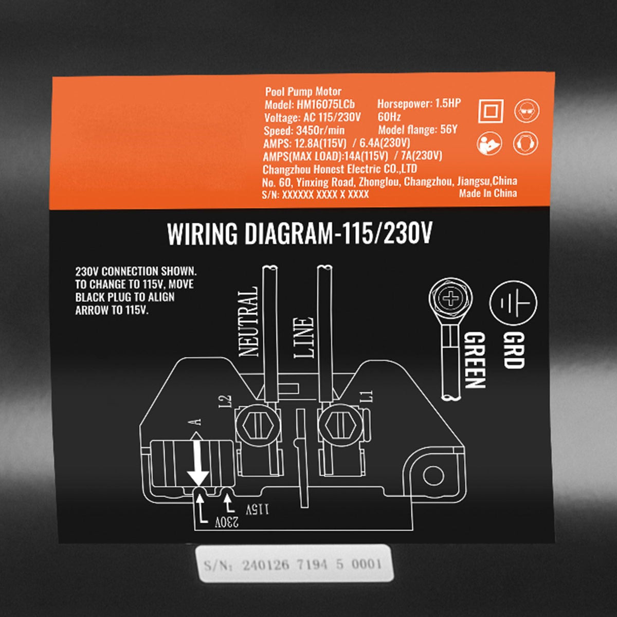 1.5 HP Pool Pump Motor, 56Y Frame, 115V((12.8 Amps))/230V(6.4 Amps) 3450 RPM, 60Hz, 1.1 Service Factor, 90μF/250V Capacitor, CCW Rotation Square Flange Replacement Motor