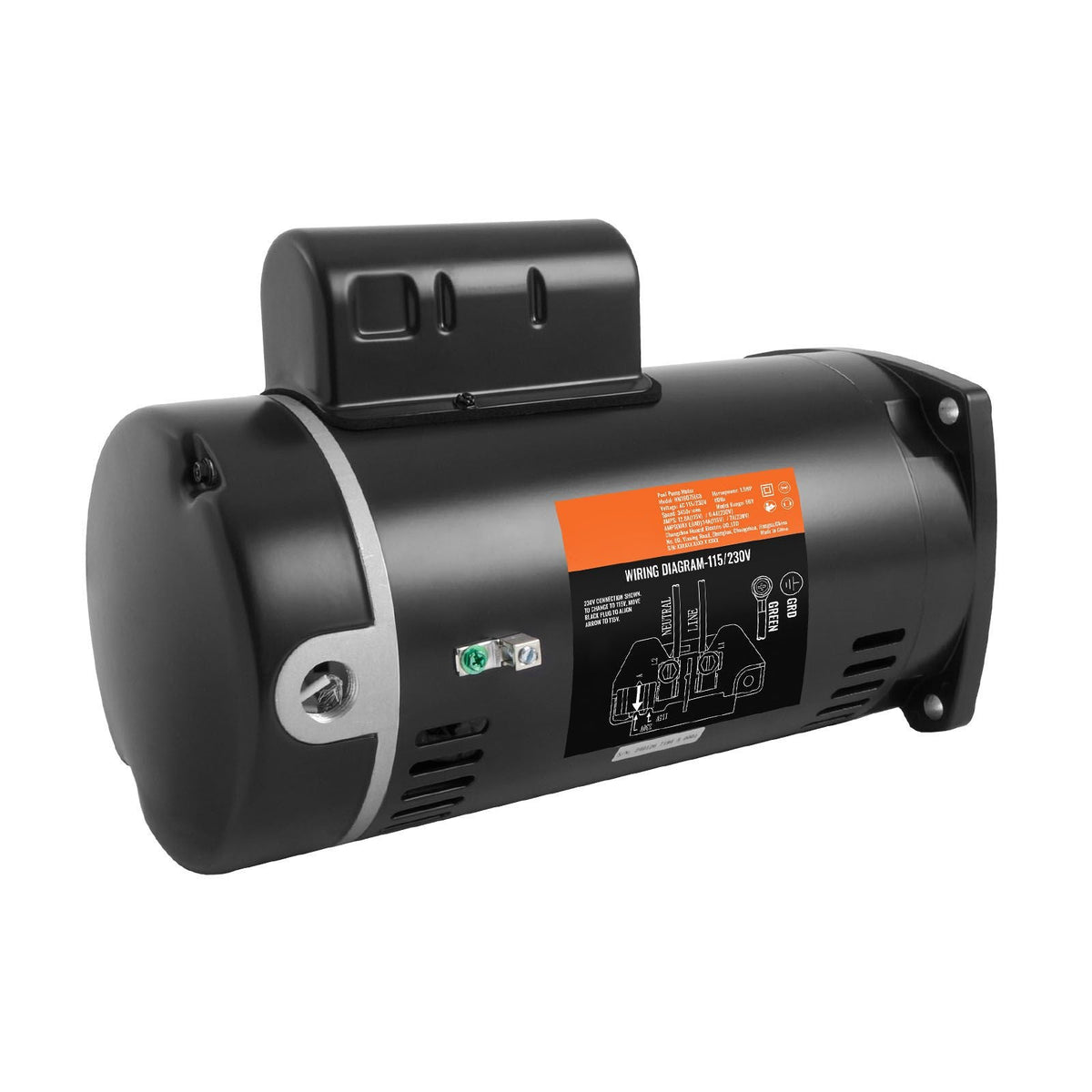 1.5 HP Pool Pump Motor, 56Y Frame, 115V((12.8 Amps))/230V(6.4 Amps) 3450 RPM, 60Hz, 1.1 Service Factor, 90μF/250V Capacitor, CCW Rotation Square Flange Replacement Motor