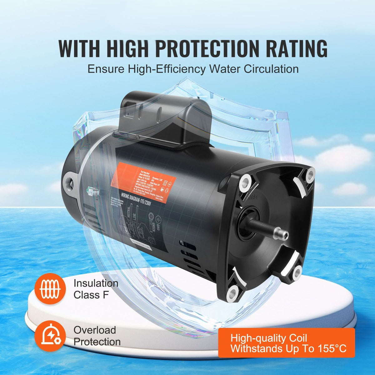 1.5 HP Pool Pump Motor, 56Y Frame, 115V((12.8 Amps))/230V(6.4 Amps) 3450 RPM, 60Hz, 1.1 Service Factor, 90μF/250V Capacitor, CCW Rotation Square Flange Replacement Motor