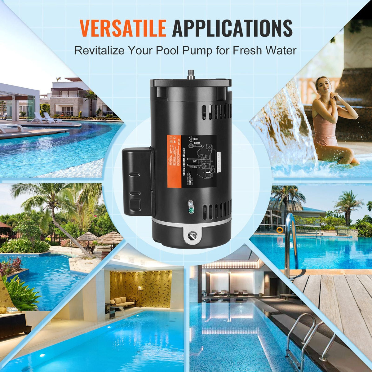 1.5 HP Pool Pump Motor, 56Y Frame, 115V((12.8 Amps))/230V(6.4 Amps) 3450 RPM, 60Hz, 1.1 Service Factor, 90μF/250V Capacitor, CCW Rotation Square Flange Replacement Motor