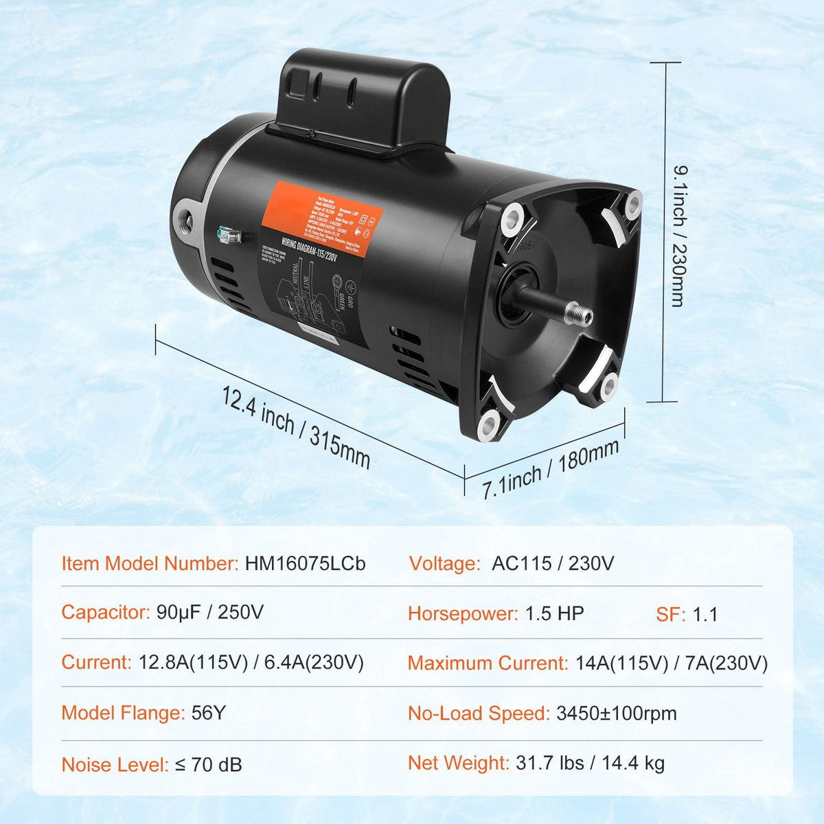 1.5 HP Pool Pump Motor, 56Y Frame, 115V((12.8 Amps))/230V(6.4 Amps) 3450 RPM, 60Hz, 1.1 Service Factor, 90μF/250V Capacitor, CCW Rotation Square Flange Replacement Motor