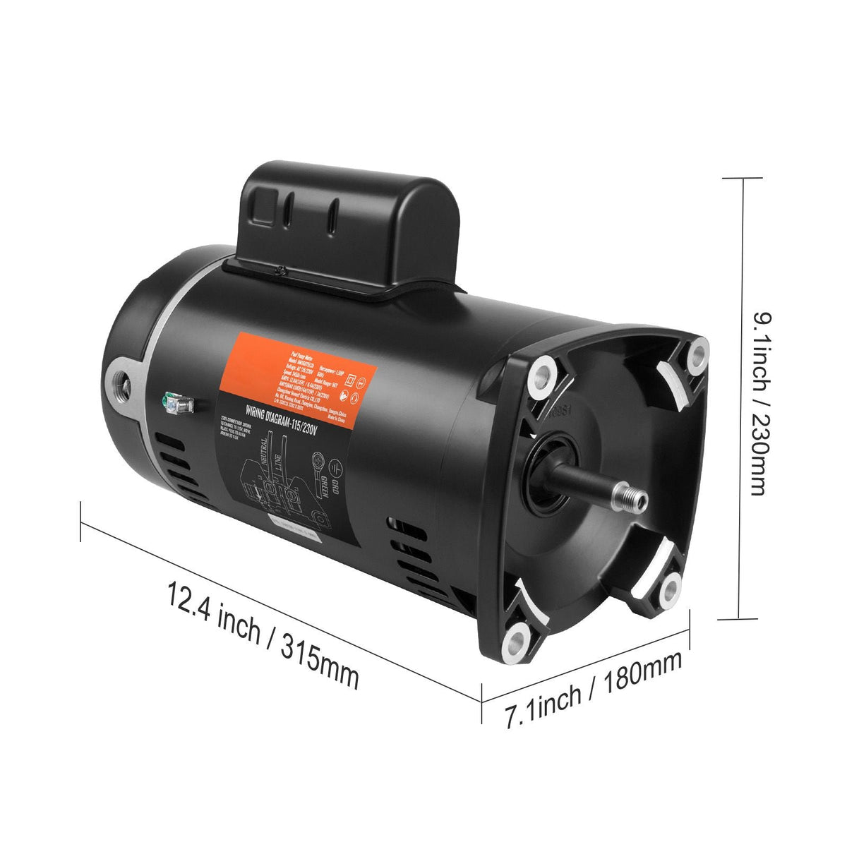 1.5 HP Pool Pump Motor, 56Y Frame, 115V((12.8 Amps))/230V(6.4 Amps) 3450 RPM, 60Hz, 1.1 Service Factor, 90μF/250V Capacitor, CCW Rotation Square Flange Replacement Motor