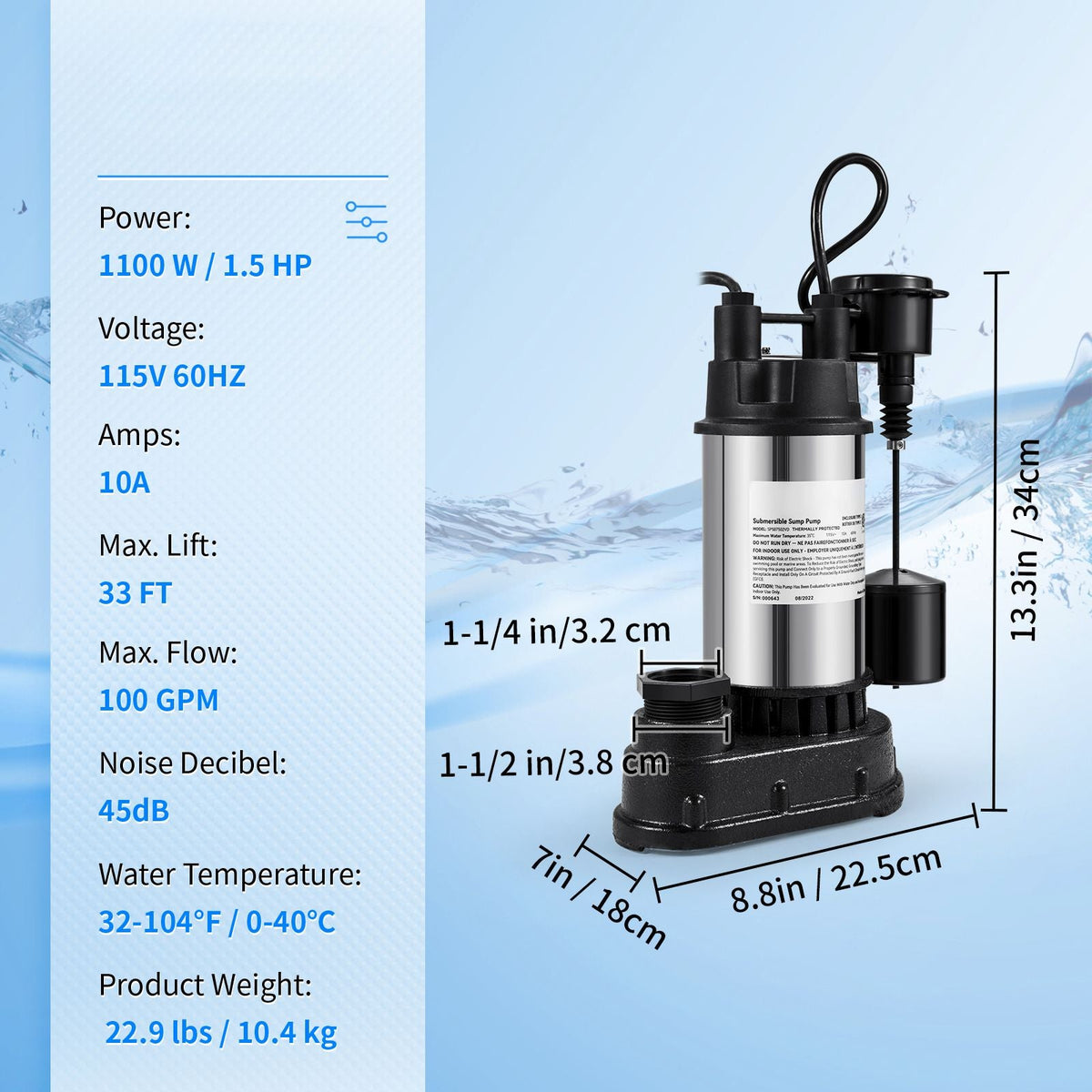 1.5 HP Submersible Cast Iron and Steel Sump Pump, 6000 GPH Submersible Water Pump with Integrated Vertical Float Switch, for Basement Water Basin and Flooding Area Tested to UL Standards