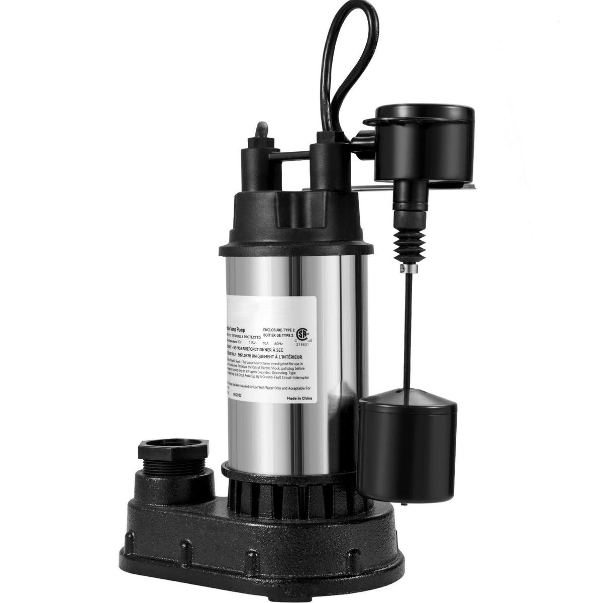 1.5 HP Submersible Cast Iron and Steel Sump Pump, 6000 GPH Submersible Water Pump with Integrated Vertical Float Switch, for Basement Water Basin and Flooding Area Tested to UL Standards