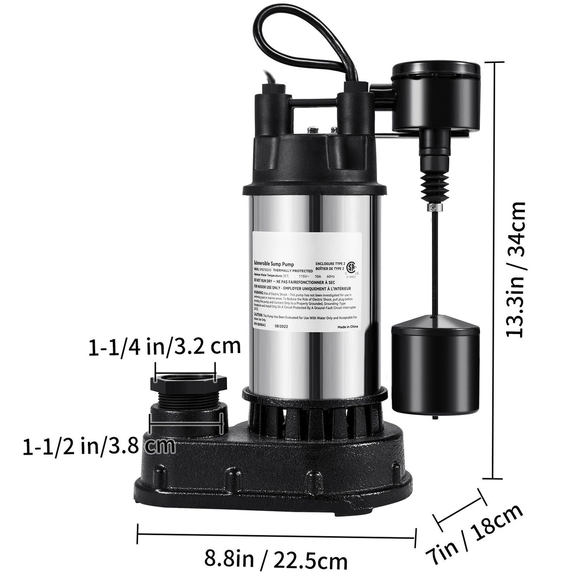 1.5 HP Submersible Cast Iron and Steel Sump Pump, 6000 GPH Submersible Water Pump with Integrated Vertical Float Switch, for Basement Water Basin and Flooding Area Tested to UL Standards