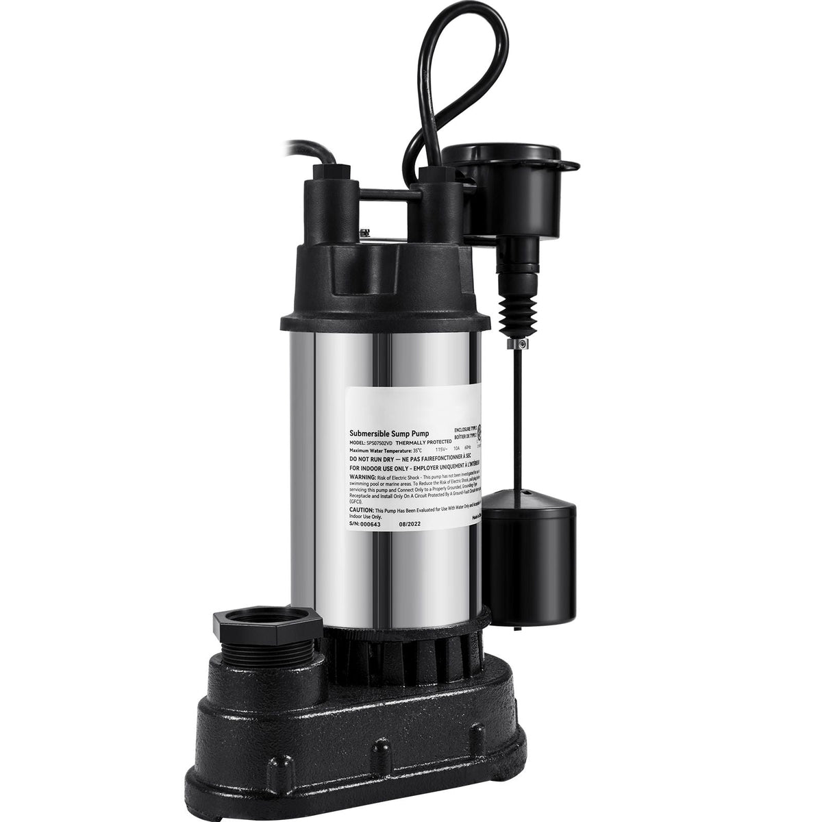 1.5 HP Submersible Cast Iron and Steel Sump Pump, 6000 GPH Submersible Water Pump with Integrated Vertical Float Switch, for Basement Water Basin and Flooding Area Tested to UL Standards