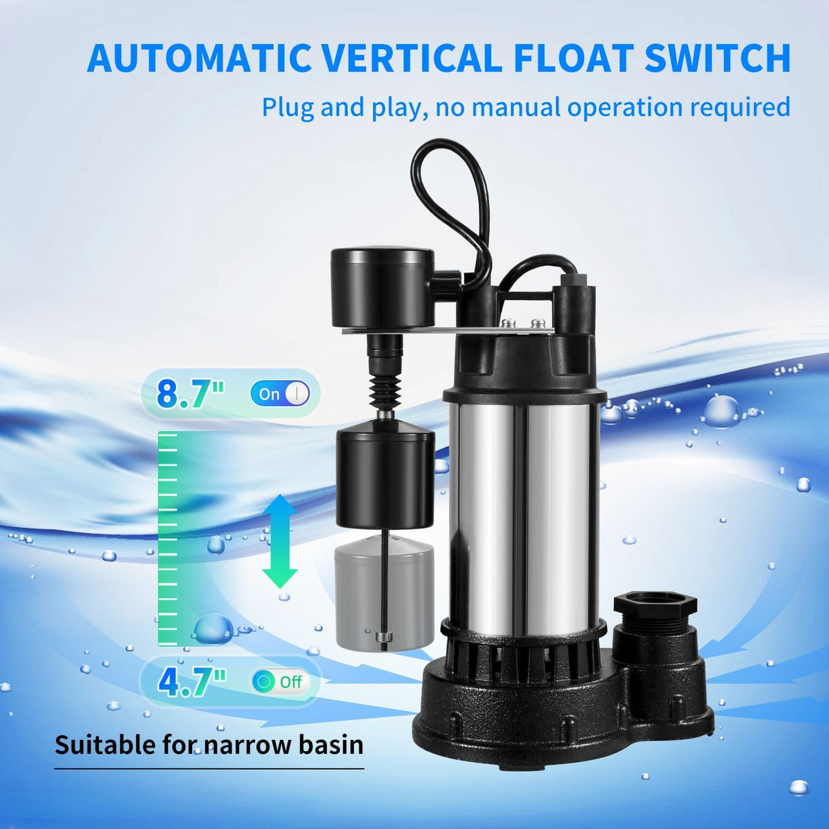 1.5 HP Submersible Cast Iron and Steel Sump Pump, 6000 GPH Submersible Water Pump with Integrated Vertical Float Switch, for Basement Water Basin and Flooding Area Tested to UL Standards