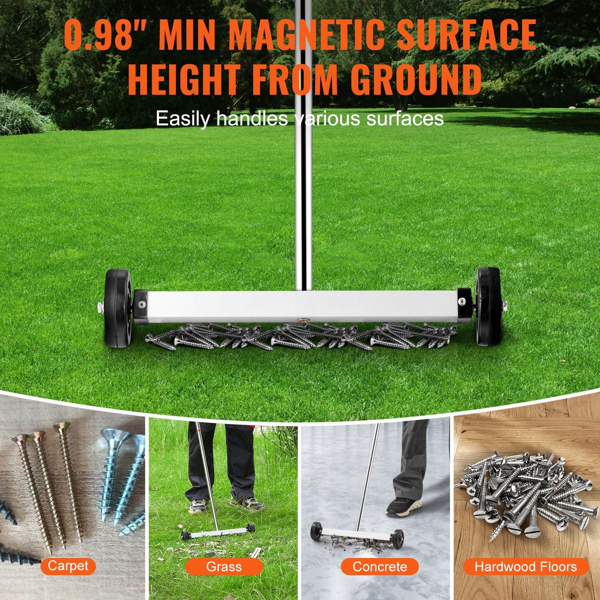 15-Inch Magnetic Sweeper with Wheels, 8 lbs Capacity, with Telescoping Magnetic Pickup Tool, Adjustable Handle, Magnetic Pickup Sweeper to Pick Up Nails and Screws, for Workshop, Garage, Yard