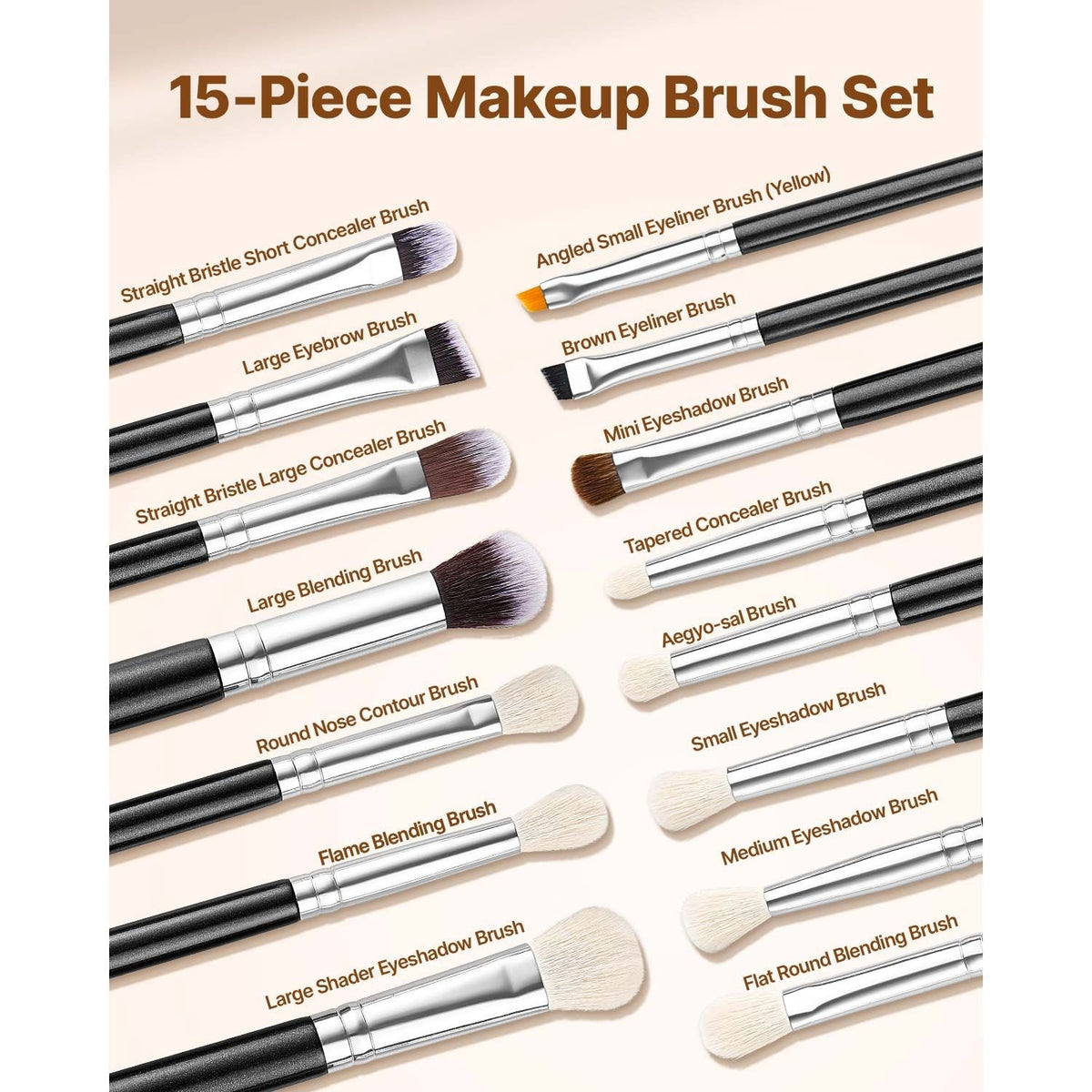 15-Piece Makeup Brush Set for Foundation Blending Eyeshadow, Professional Vegan Brushes with Soft Synthetic Bristles, Ergonomic Wood Handle & Aluminum Ferrule, Portable and Travel-Friendly