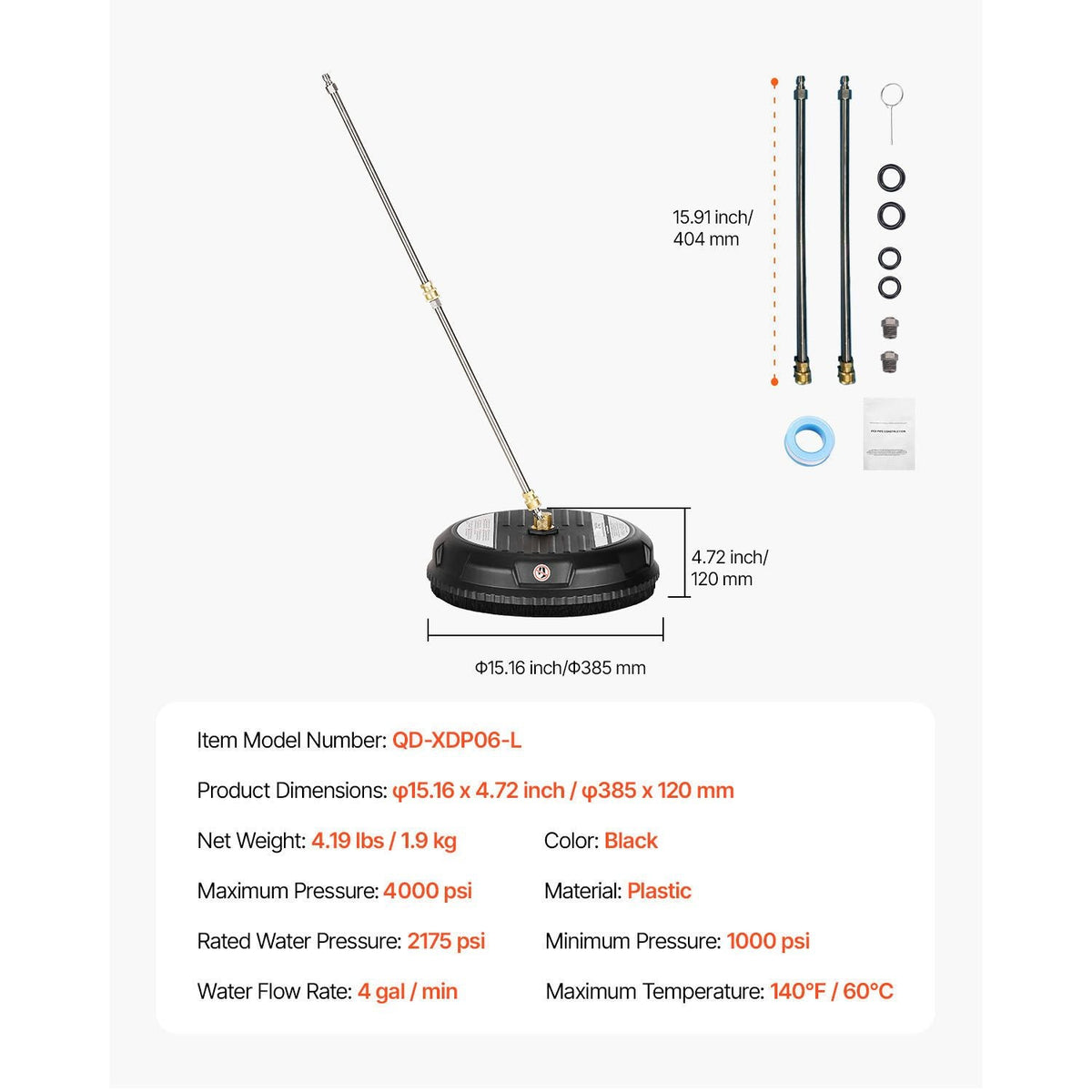 15" Pressure Washer Surface Cleaner, Plastic Pressure Washer Attachments with 4 Wheels, 4000 Max PSI, 1/4 Quick Connector, 2 Spray Nozzles, 2 Extended Wands for Driveway, Sidewalk, Patio, Deck