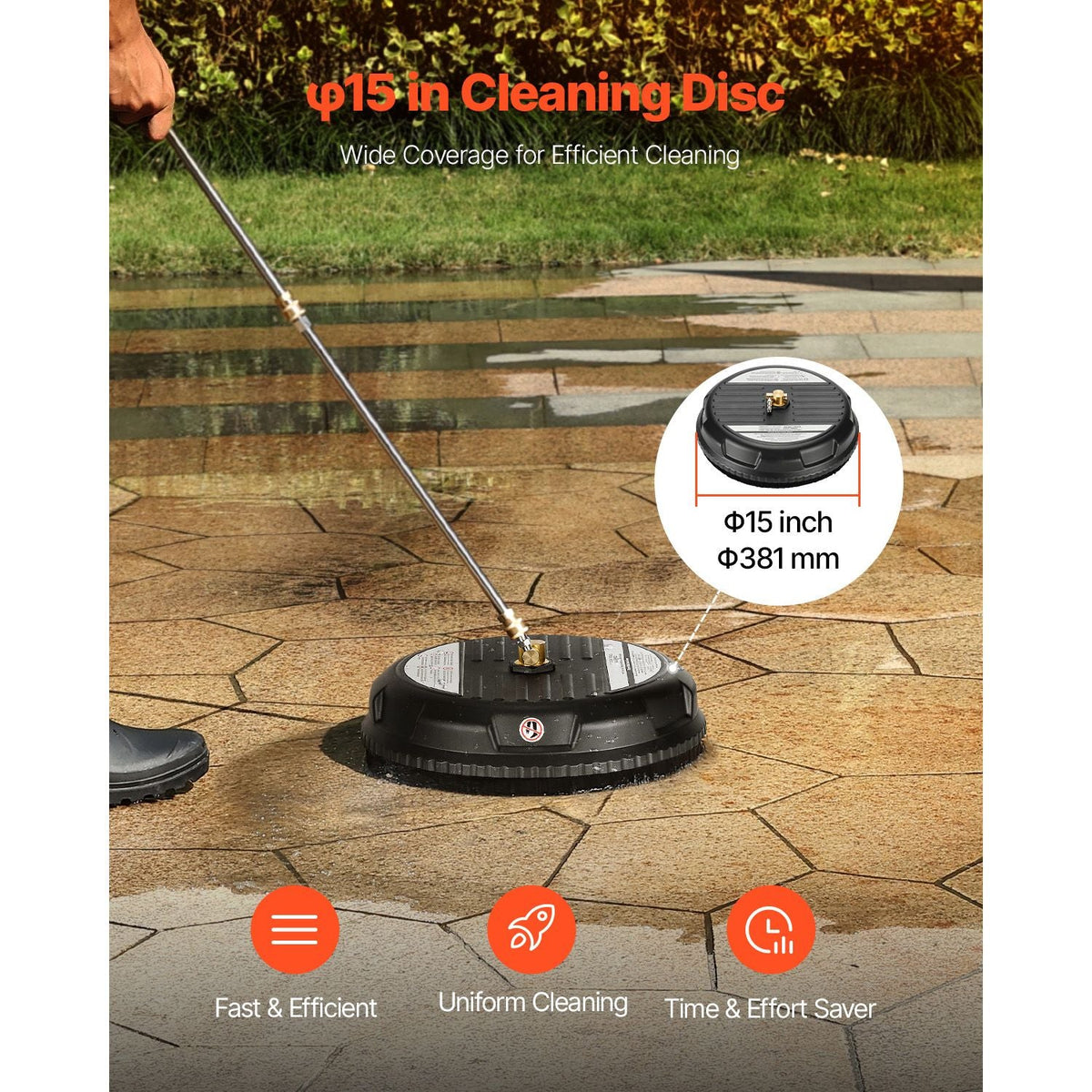 15" Pressure Washer Surface Cleaner, Plastic Pressure Washer Attachments with 4 Wheels, 4000 Max PSI, 1/4 Quick Connector, 2 Spray Nozzles, 2 Extended Wands for Driveway, Sidewalk, Patio, Deck