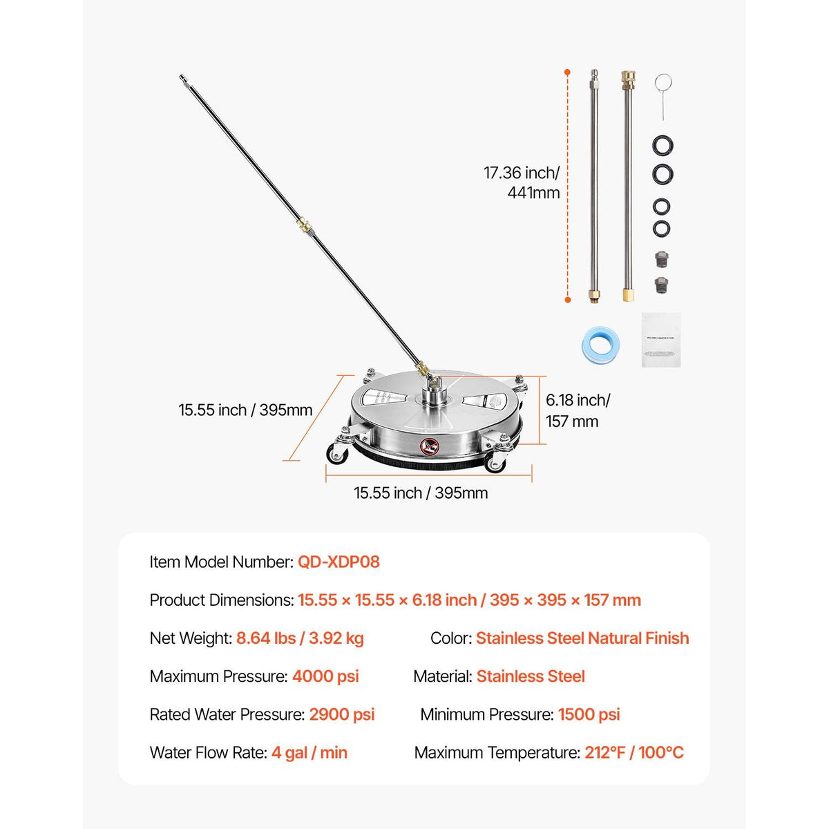 15" Pressure Washer Surface Cleaner, Stainless Steel Pressure Washer Attachments with 4 Wheels, 4000 Max PSI, 1/4 Quick Connector, 2 Spray Nozzles, 2 Extended Wands for Concrete, Patio, Deck