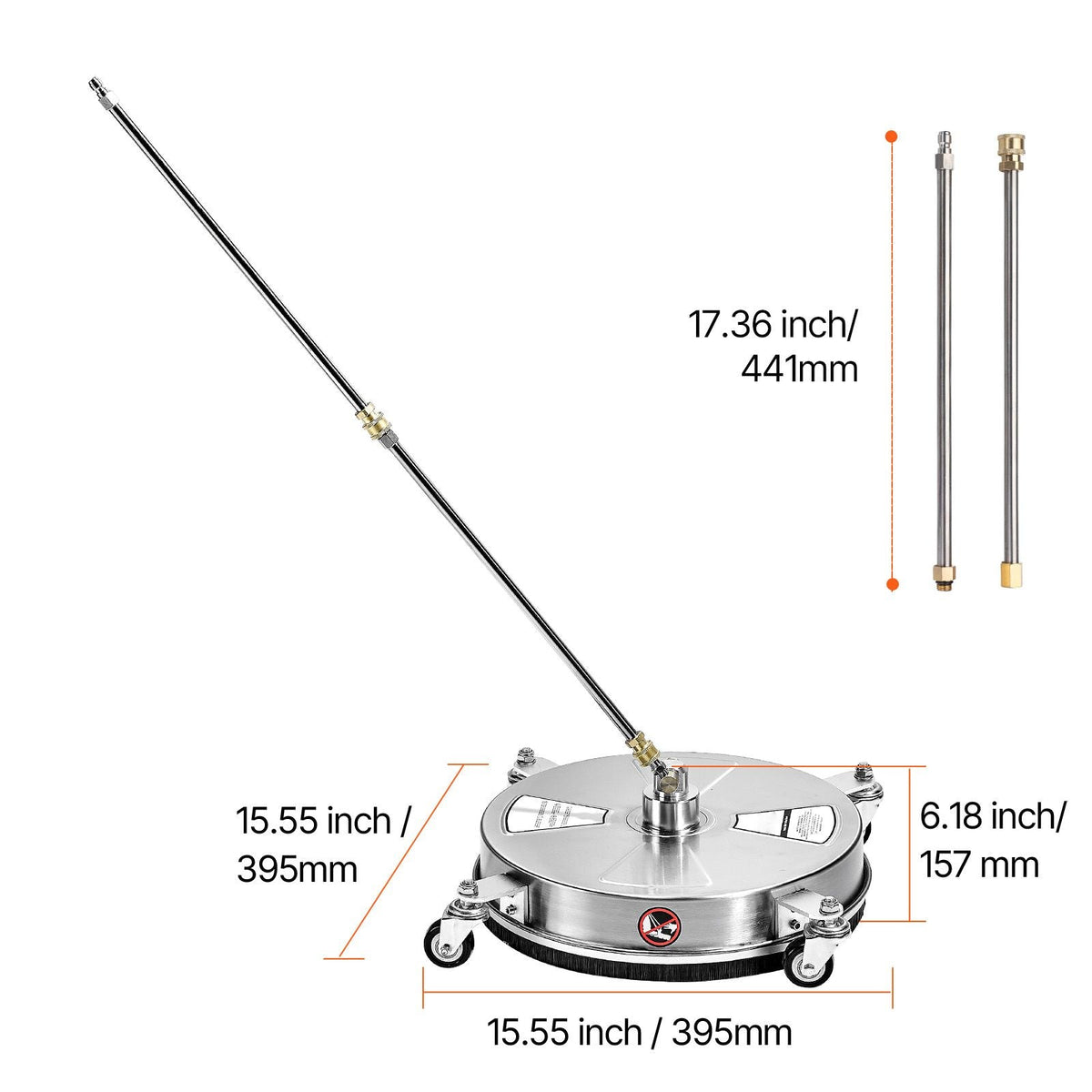 15" Pressure Washer Surface Cleaner, Stainless Steel Pressure Washer Attachments with 4 Wheels, 4000 Max PSI, 1/4 Quick Connector, 2 Spray Nozzles, 2 Extended Wands for Concrete, Patio, Deck