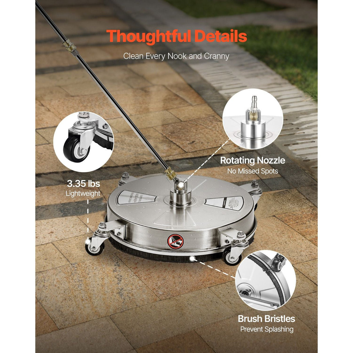 15" Pressure Washer Surface Cleaner, Stainless Steel Pressure Washer Attachments with 4 Wheels, 4000 Max PSI, 1/4 Quick Connector, 2 Spray Nozzles, 2 Extended Wands for Concrete, Patio, Deck