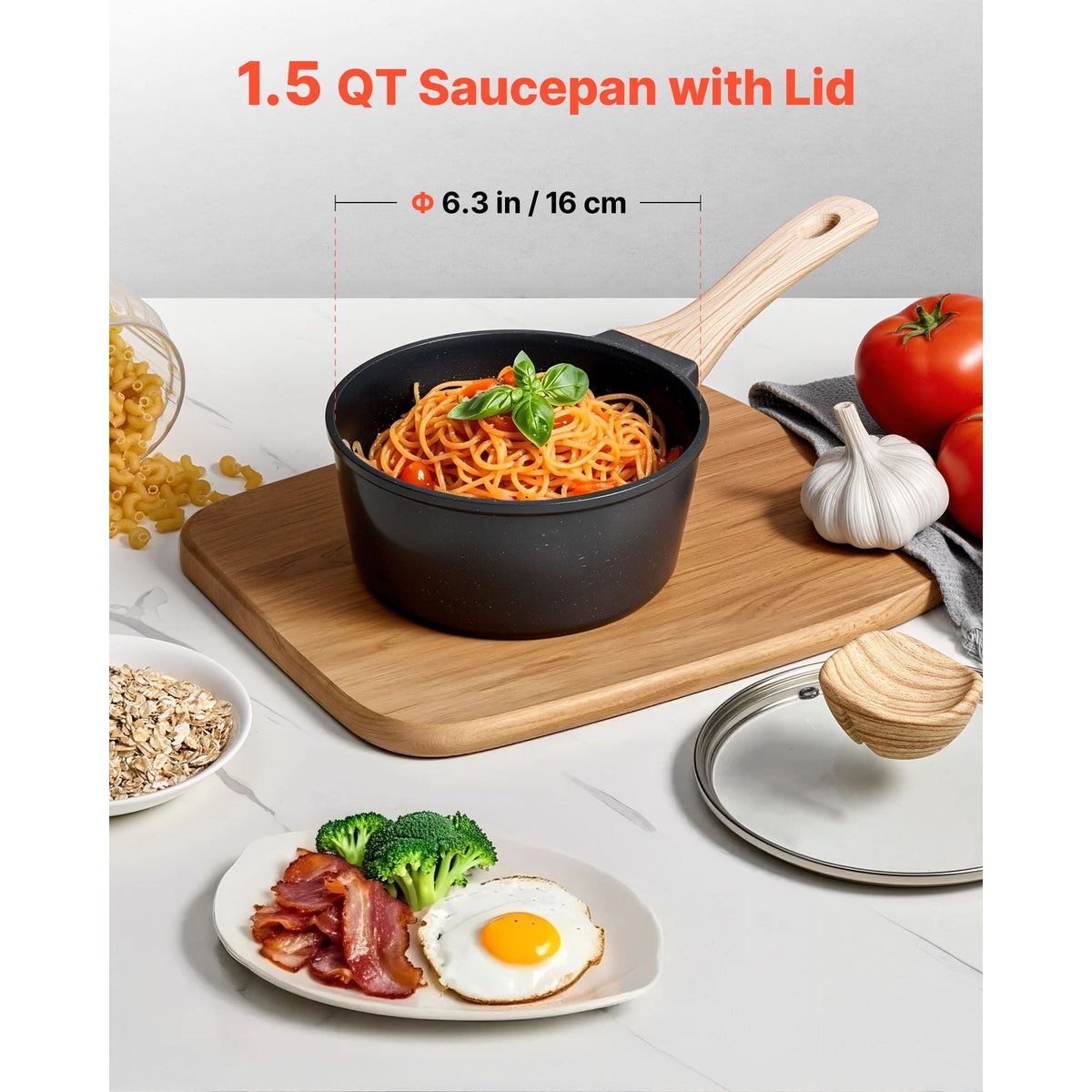 1.5 QT Saucepan, Nonstick Saucepan with Tempered Glass Lid, Multipurpose Cooking Sauce Pot with Detachable Handle, Sauce Pan Small Kitchen Cooking Pot with Coating, Induction Compatible, Black