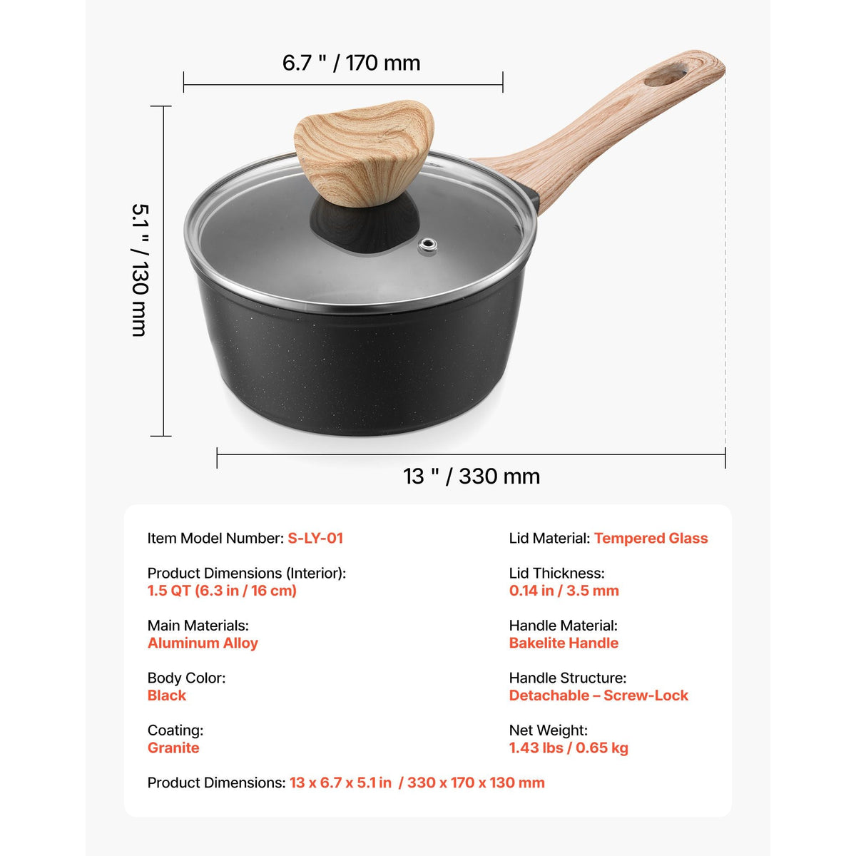 1.5 QT Saucepan, Nonstick Saucepan with Tempered Glass Lid, Multipurpose Cooking Sauce Pot with Detachable Handle, Sauce Pan Small Kitchen Cooking Pot with Coating, Induction Compatible, Black