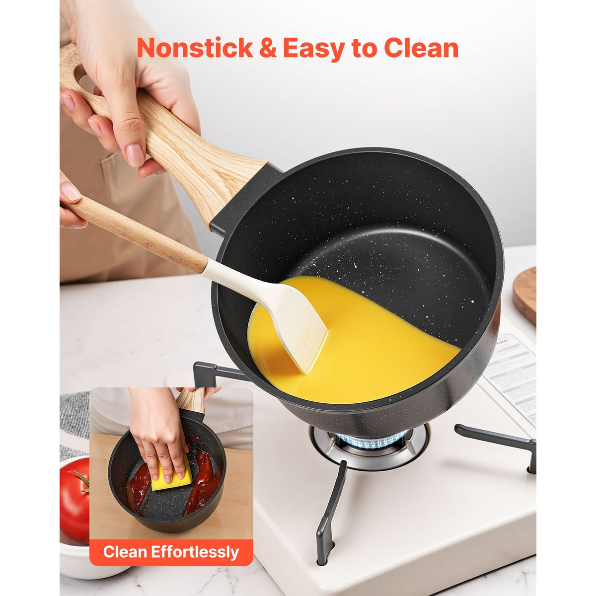 1.5 QT Saucepan, Nonstick Saucepan with Tempered Glass Lid, Multipurpose Cooking Sauce Pot with Detachable Handle, Sauce Pan Small Kitchen Cooking Pot with Coating, Induction Compatible, Black