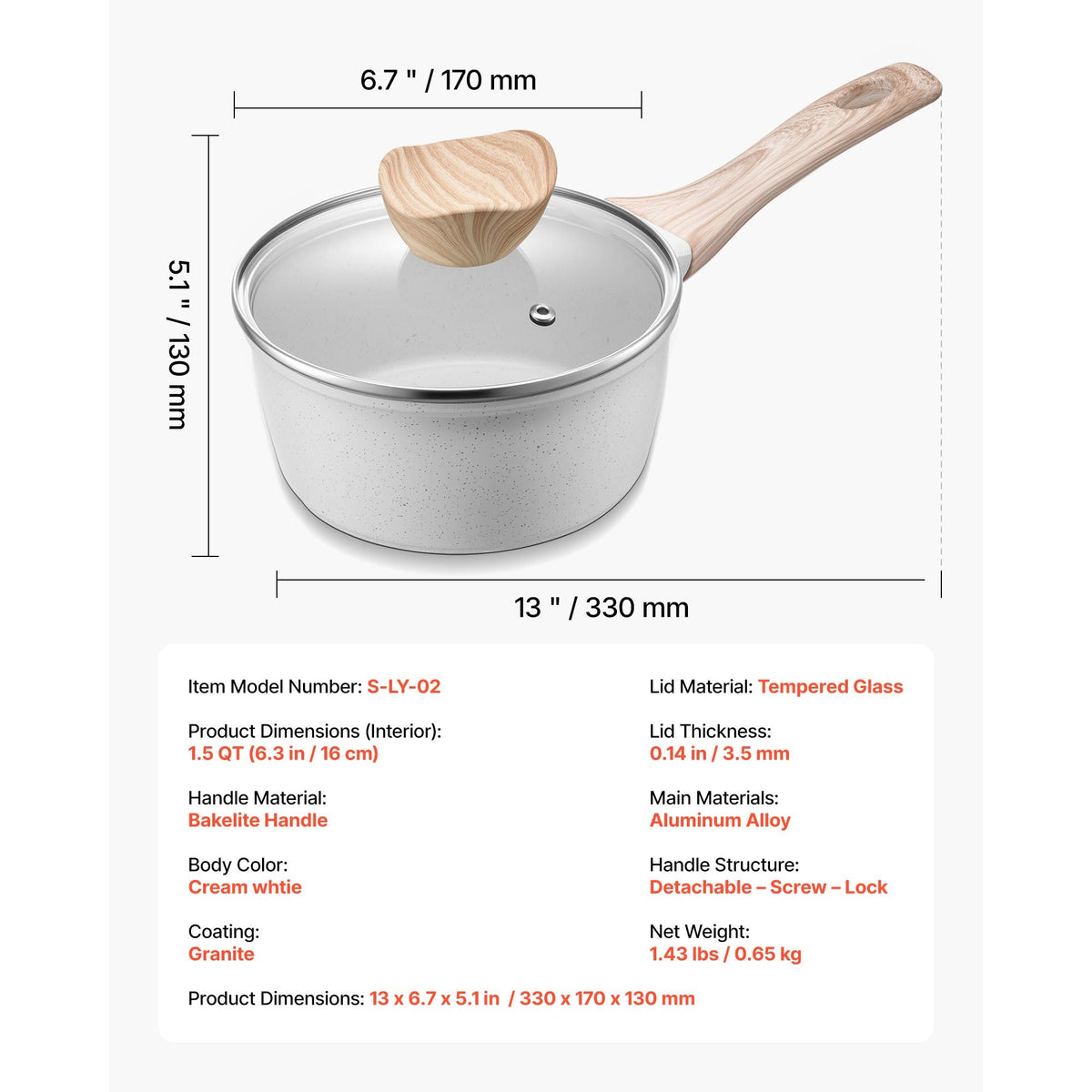 1.5 QT Saucepan, Nonstick Saucepan with Tempered Glass Lid, Multipurpose Cooking Sauce Pot with Detachable Handle, Sauce Pan Small Kitchen Cooking Pot with Coating, Induction Compatible, White