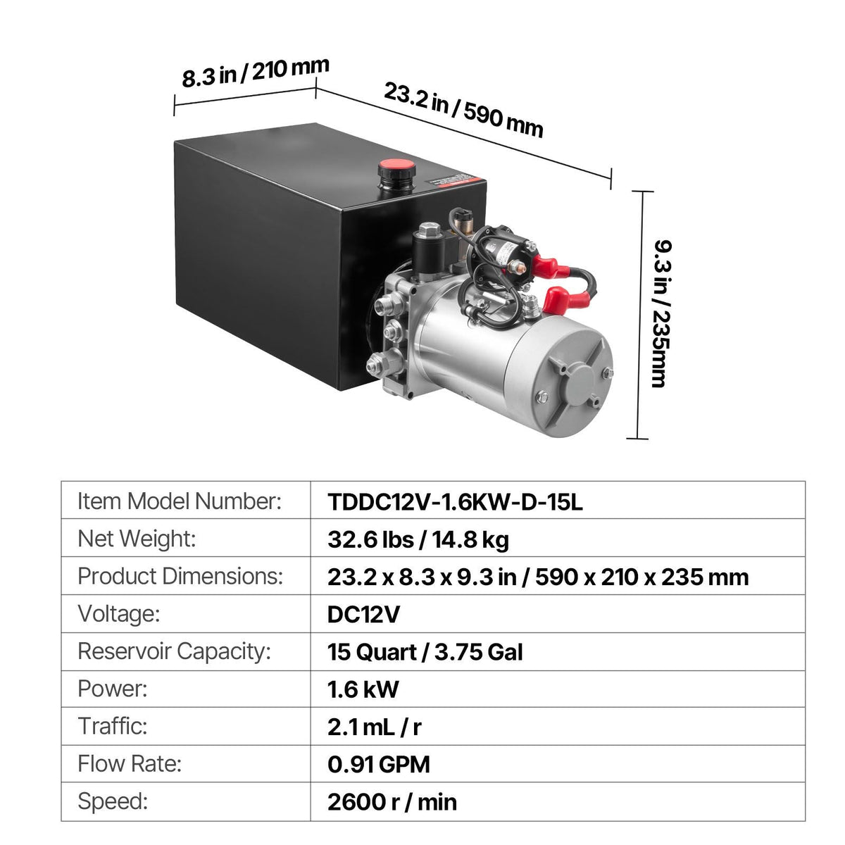 15 Quart Hydraulic Power Unit, Single Acting Dump Trailer Pump, 3200 PSI Max Relief Pressure & 0.91 GPM Flow Rate, DC 12V Hydraulic Pump with Metal Reservoir for Dump Trailer Car Lifting