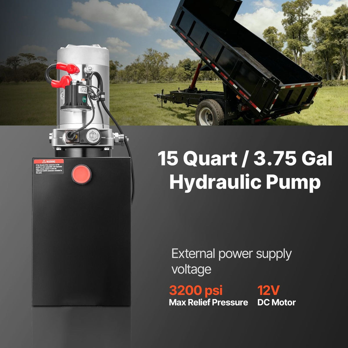15 Quart Hydraulic Power Unit, Single Acting Dump Trailer Pump, 3200 PSI Max Relief Pressure & 0.91 GPM Flow Rate, DC 12V Hydraulic Pump with Metal Reservoir for Dump Trailer Car Lifting