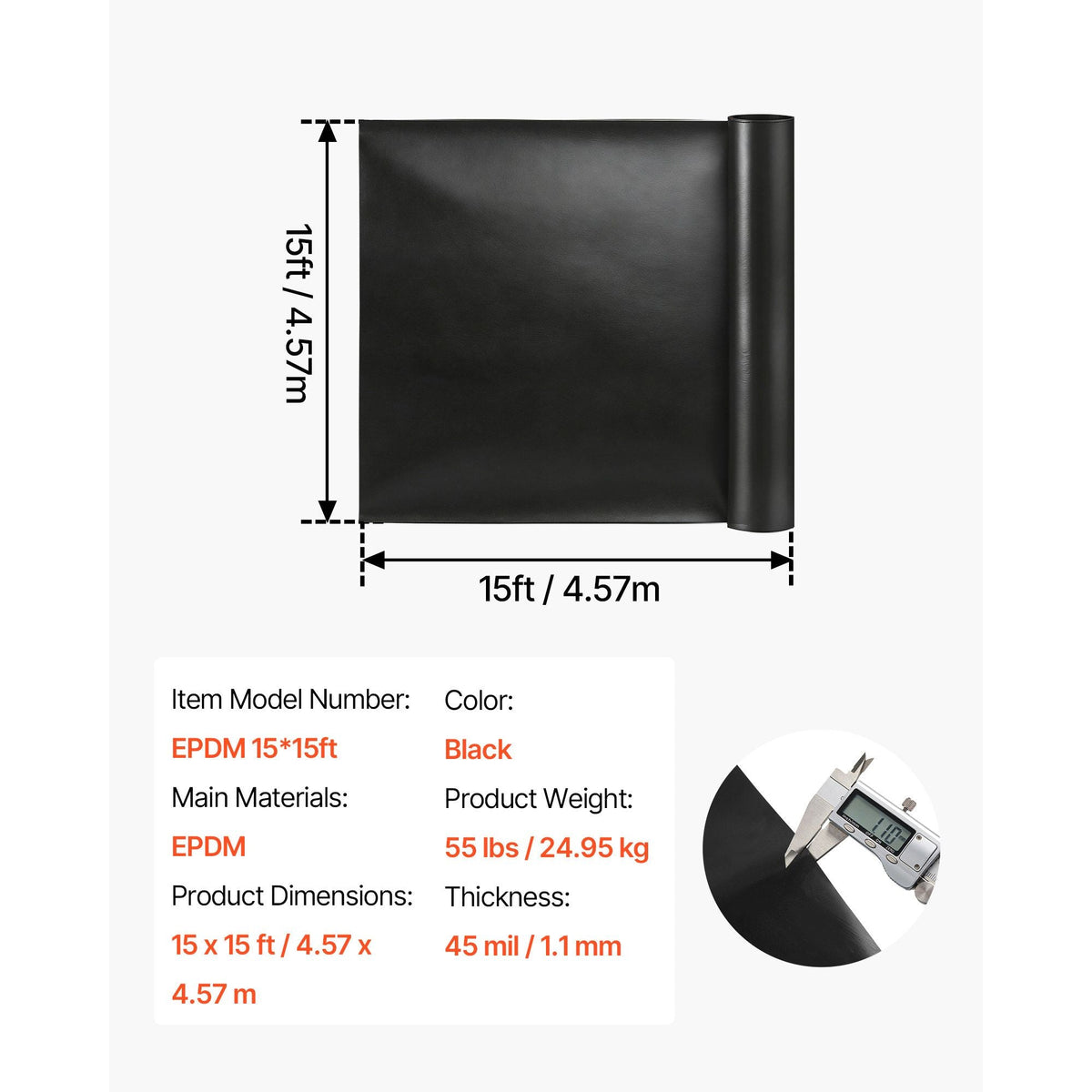 15 x 15 ft Pond Liner, 45 Mil Thickness, EPDM Rubber Material Fish Pond Liner for Outdoor Ponds, Easy to Cut, Durable & Leakproof, for Water Garden, Waterfall, Fishpond, Koi, Fountains, Black