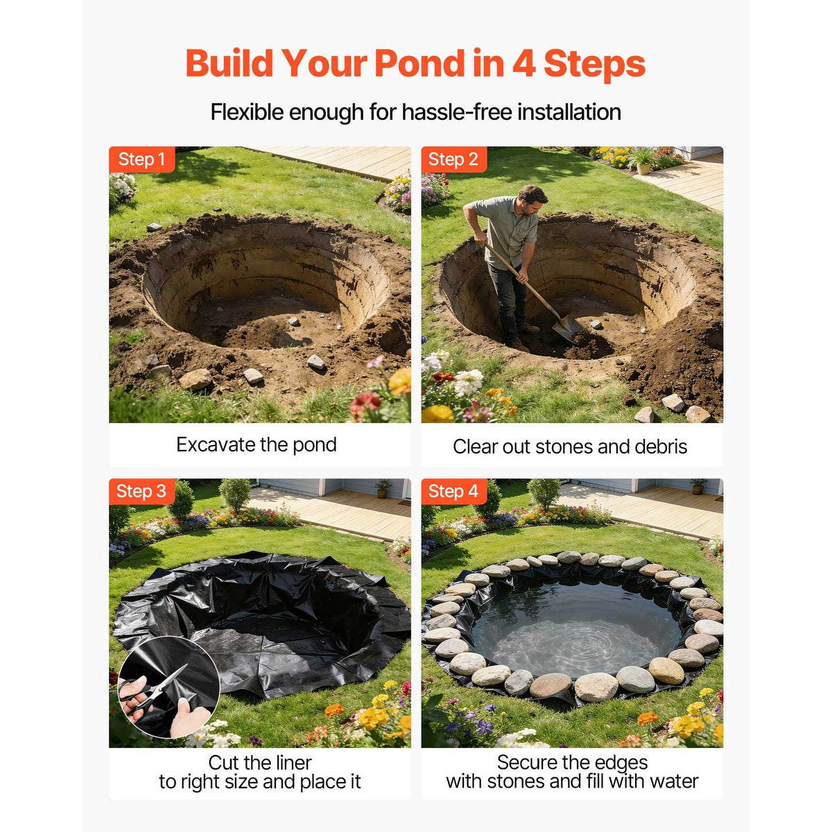 15 x 15 ft Pond Liner, 45 Mil Thickness, EPDM Rubber Material Fish Pond Liner for Outdoor Ponds, Easy to Cut, Durable & Leakproof, for Water Garden, Waterfall, Fishpond, Koi, Fountains, Black