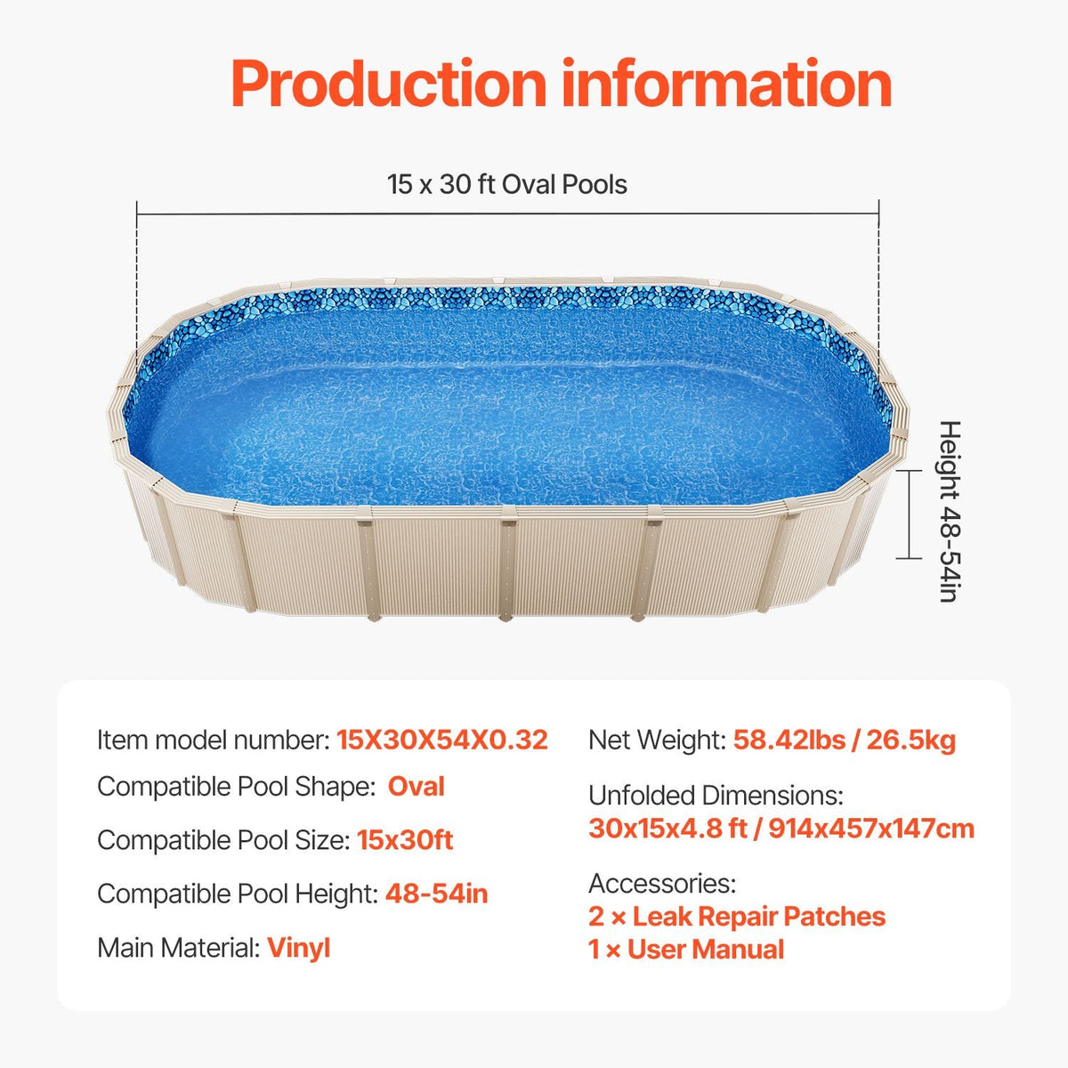 15 x 30 ft Oval Pool Liner, Overlap Style Above Ground Pool Liners, 48-to-54inch Wall Height, Durable Pool Liner, Standard Gauge Vinyl, for Steel Sided Above-Ground Swimming Pools