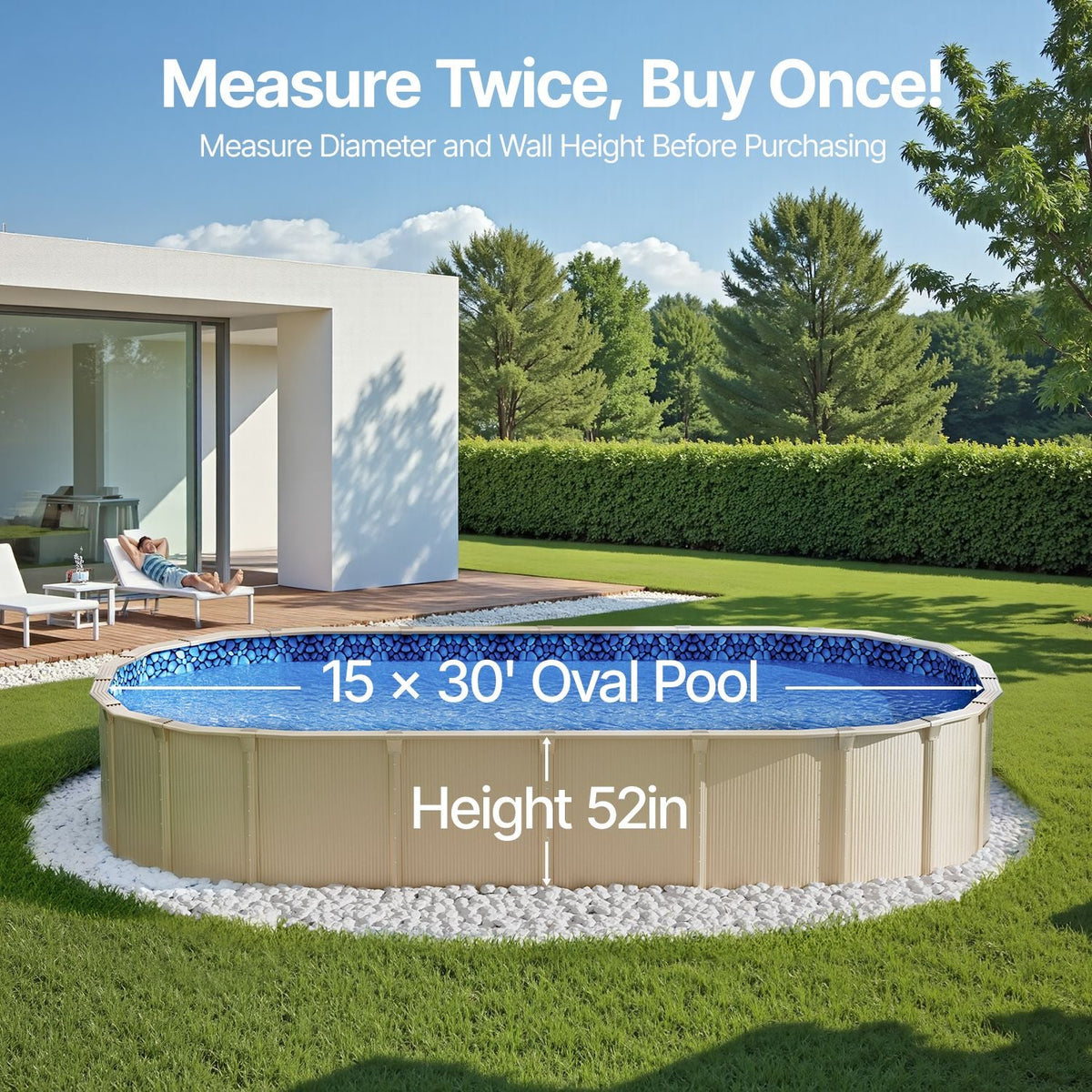 15 x 30 ft Oval Pool Liner, Unibead Above Ground Pool Liners, 52in Wall Height, Durable Standard Gauge Vinyl, Designed for Steel Sided Above-Ground Swimming Pools