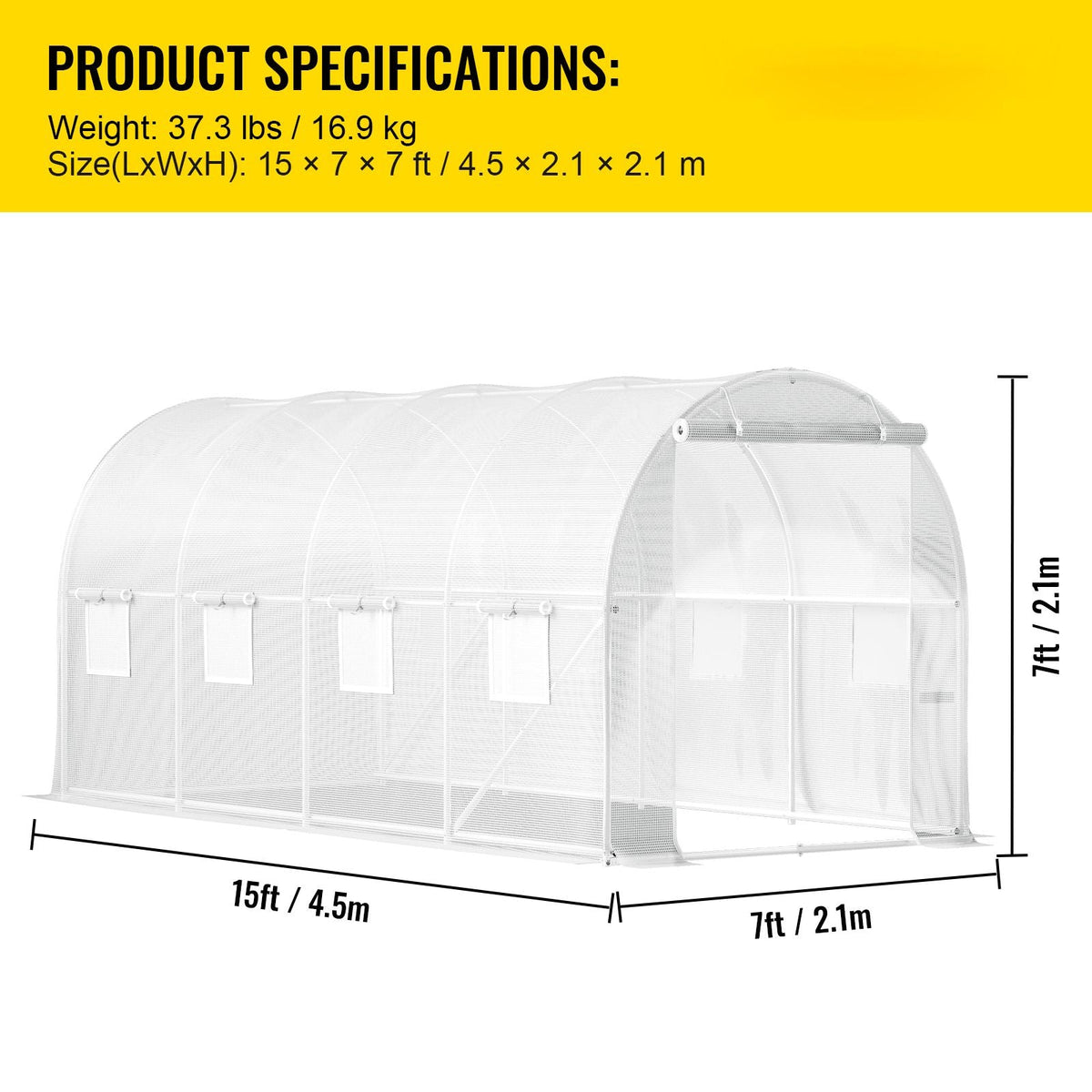 15 x 6.5 x 7 ft Walk-in Tunnel Greenhouse, Portable Plant Hot House with Galvanized Steel Hoops, 1 Top Beam, Diagonal Poles, Zippered Door & 8 Roll-up Windows, White