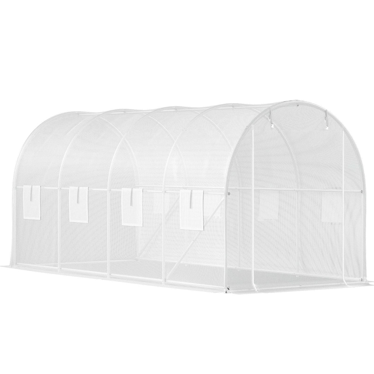 15 x 6.5 x 7 ft Walk-in Tunnel Greenhouse, Portable Plant Hot House with Galvanized Steel Hoops, 1 Top Beam, Diagonal Poles, Zippered Door & 8 Roll-up Windows, White