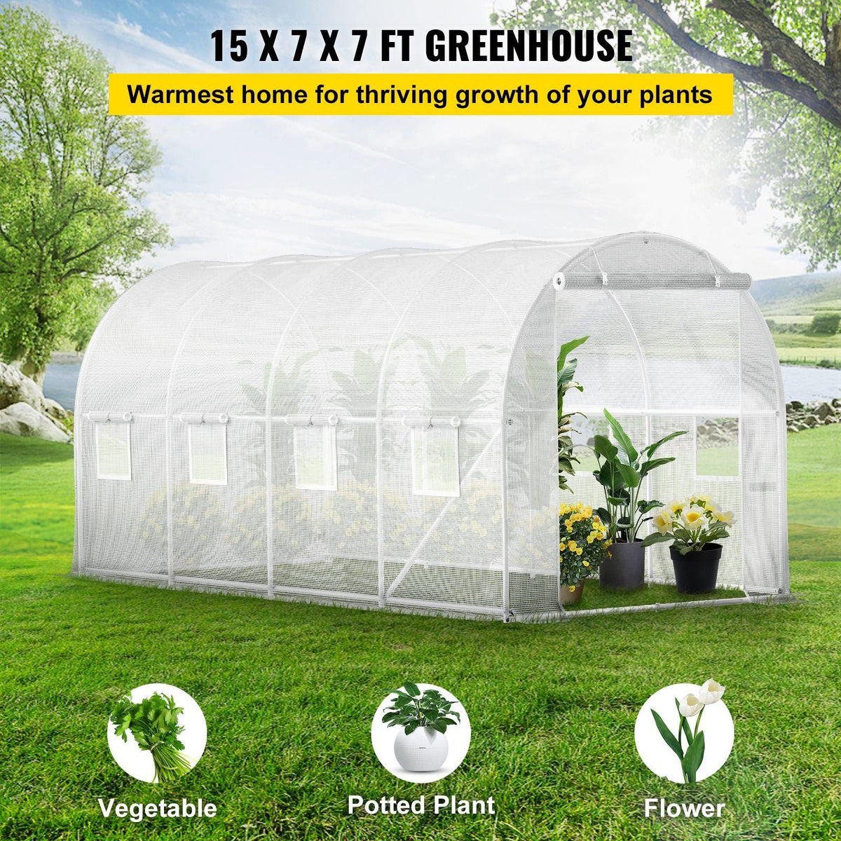 15 x 6.5 x 7 ft Walk-in Tunnel Greenhouse, Portable Plant Hot House with Galvanized Steel Hoops, 1 Top Beam, Diagonal Poles, Zippered Door & 8 Roll-up Windows, White