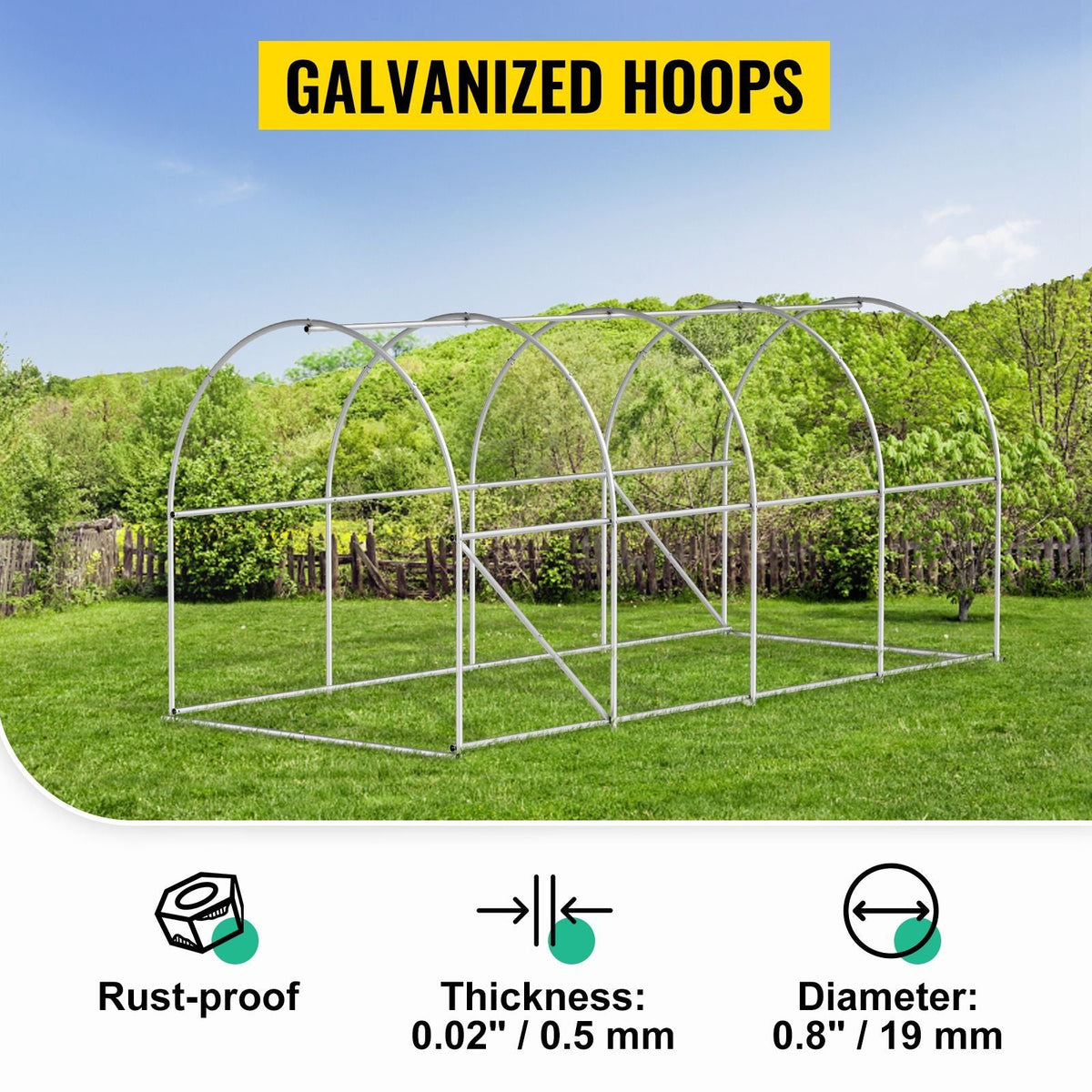 15 x 6.5 x 7 ft Walk-in Tunnel Greenhouse, Portable Plant Hot House with Galvanized Steel Hoops, 1 Top Beam, Diagonal Poles, Zippered Door & 8 Roll-up Windows, White