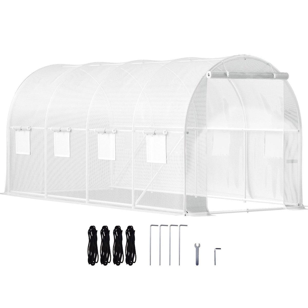 15 x 6.5 x 7 ft Walk-in Tunnel Greenhouse, Portable Plant Hot House with Galvanized Steel Hoops, 1 Top Beam, Diagonal Poles, Zippered Door & 8 Roll-up Windows, White