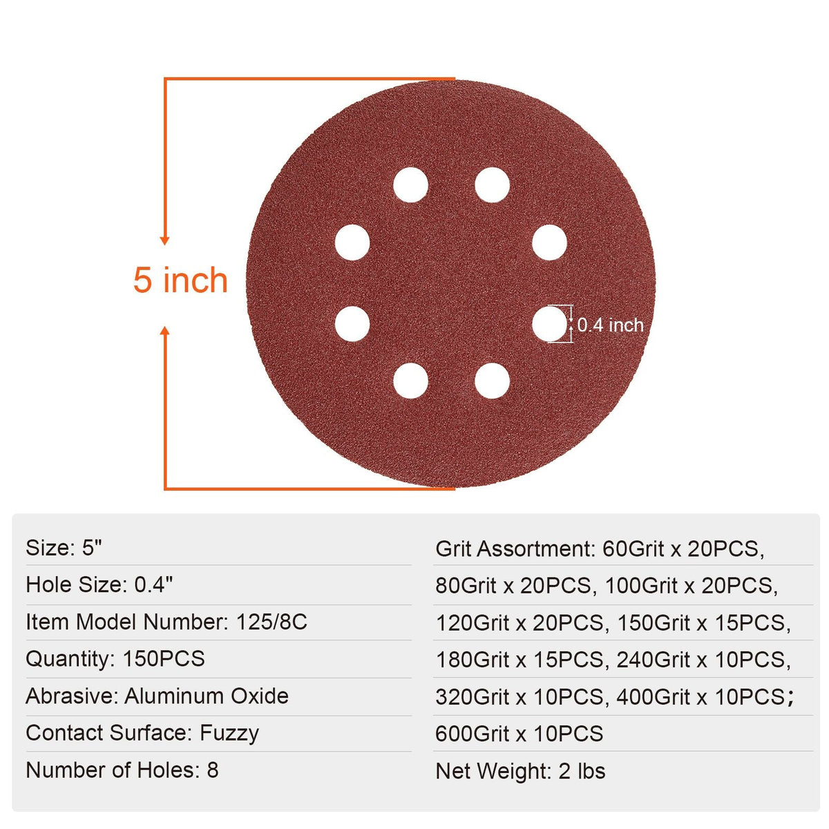 150 PCS 5 Inch Sanding Discs Set, 8-Hole Round Hook and Loop Sandpaper for Orbital Sander, 10 Grits include 60, 80, 100, 120, 150,180, 240, 320, 400, 600 Grit, for Metal, Wood, Car Sanding