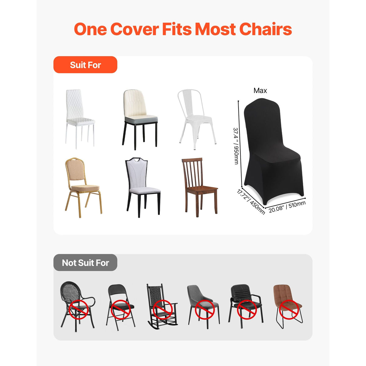 150 Pcs Black Chair Covers, Polyester Spandex Chair Cover, Stretch Slipcovers for Wedding Party Dining Banquet Flat-Front Chair Covers, Fits Chair Measures up to 20.08 x 17.72 x 37.4 inch