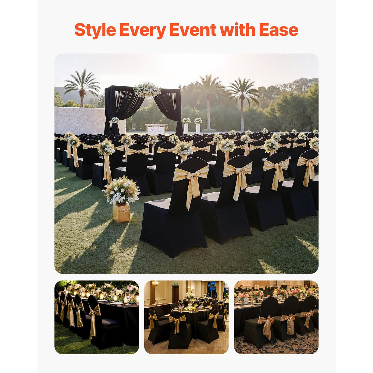 150 Pcs Black Chair Covers, Polyester Spandex Chair Cover, Stretch Slipcovers for Wedding Party Dining Banquet Flat-Front Chair Covers, Fits Chair Measures up to 20.08 x 17.72 x 37.4 inch