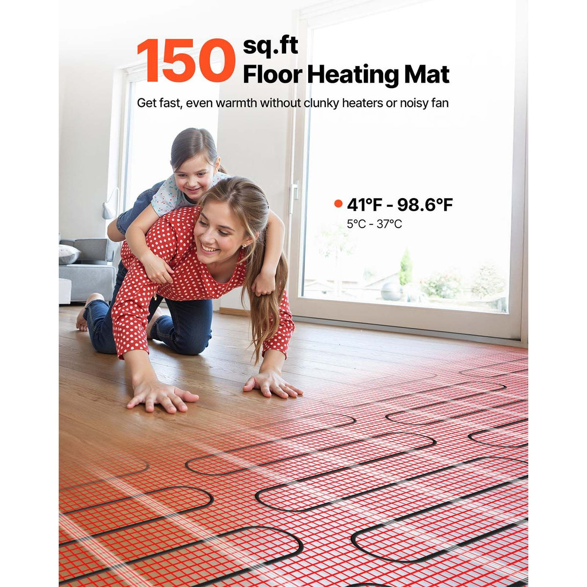 150 sqft Self-Adhesive Mesh Floor Heating Mat System, 120V Electric Radiant Heated Floor System, with Smart Control Thermostat & Alarm, Easy Installation for Tile, Stone, Vinyl