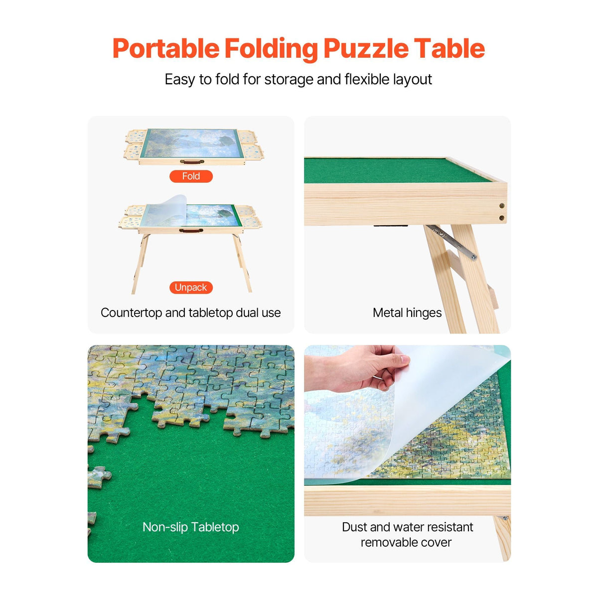 1500 Piece Puzzle Table with Folding Legs, 4 Drawers and Cover, 34x25 in Portable Wooden Board, Felt Surface Jigsaw Puzzle Accessories for Adults, Adjustable 6-Tilting-Angle, Gift for Mom