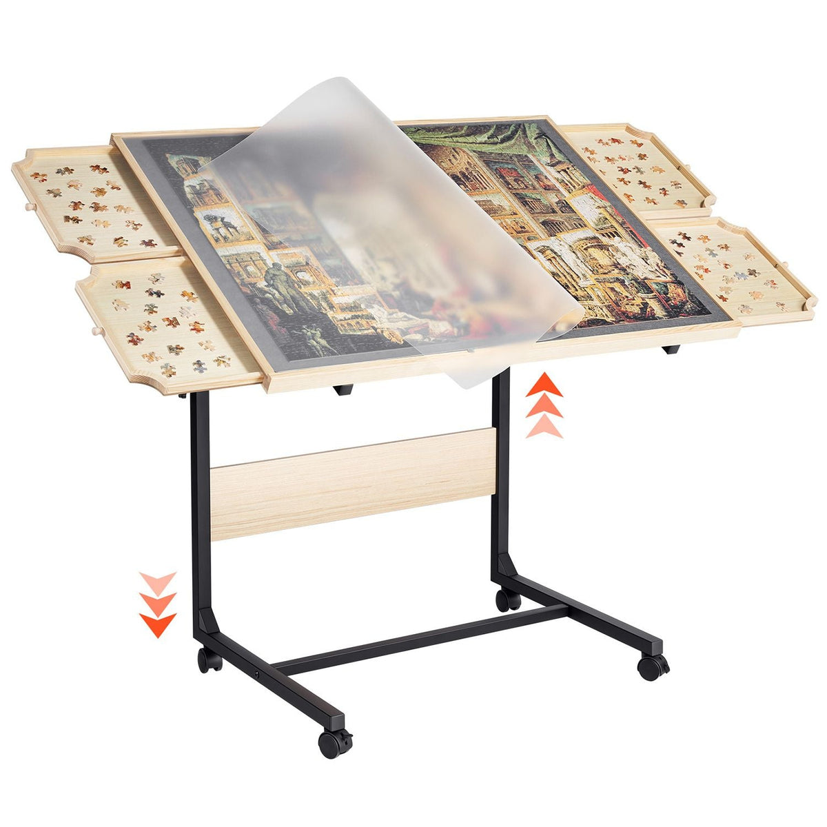1500 Piece Puzzle Table with Legs, 4 Drawers and Cover, 34x25 in Portable Wooden Board with Wheels, Jigsaw Puzzle Accessories for Adults, Adjustable Height & 5-Tilting-Angle, Gift for Mom