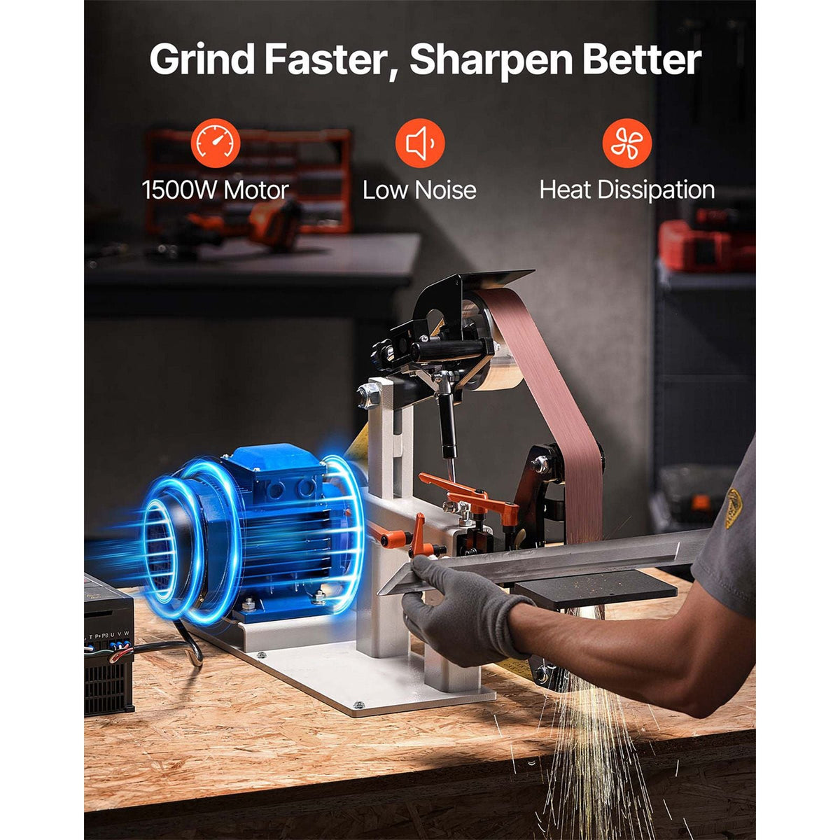 1500W 2HP Belt Sander Grinder, 2" x 82" Variable Speed Belt Grinder for Metalworking, 3 in 1 Belt Sander Polisher with 3 Grinding Moulds & Flat Platen Tool Rest for Knife Making