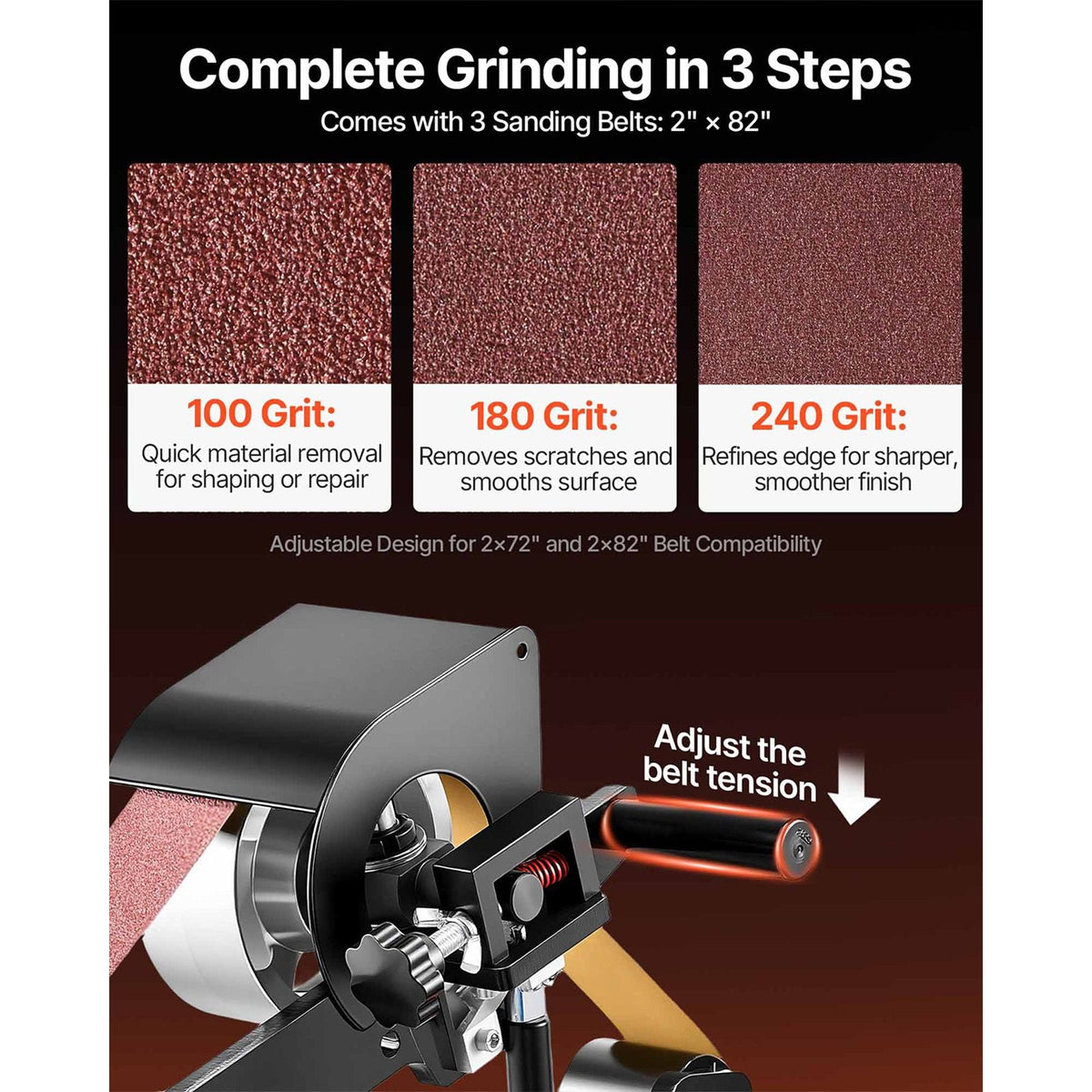 1500W 2HP Belt Sander Grinder, 2" x 82" Variable Speed Belt Grinder for Metalworking, 3 in 1 Belt Sander Polisher with 3 Grinding Moulds & Flat Platen Tool Rest for Knife Making