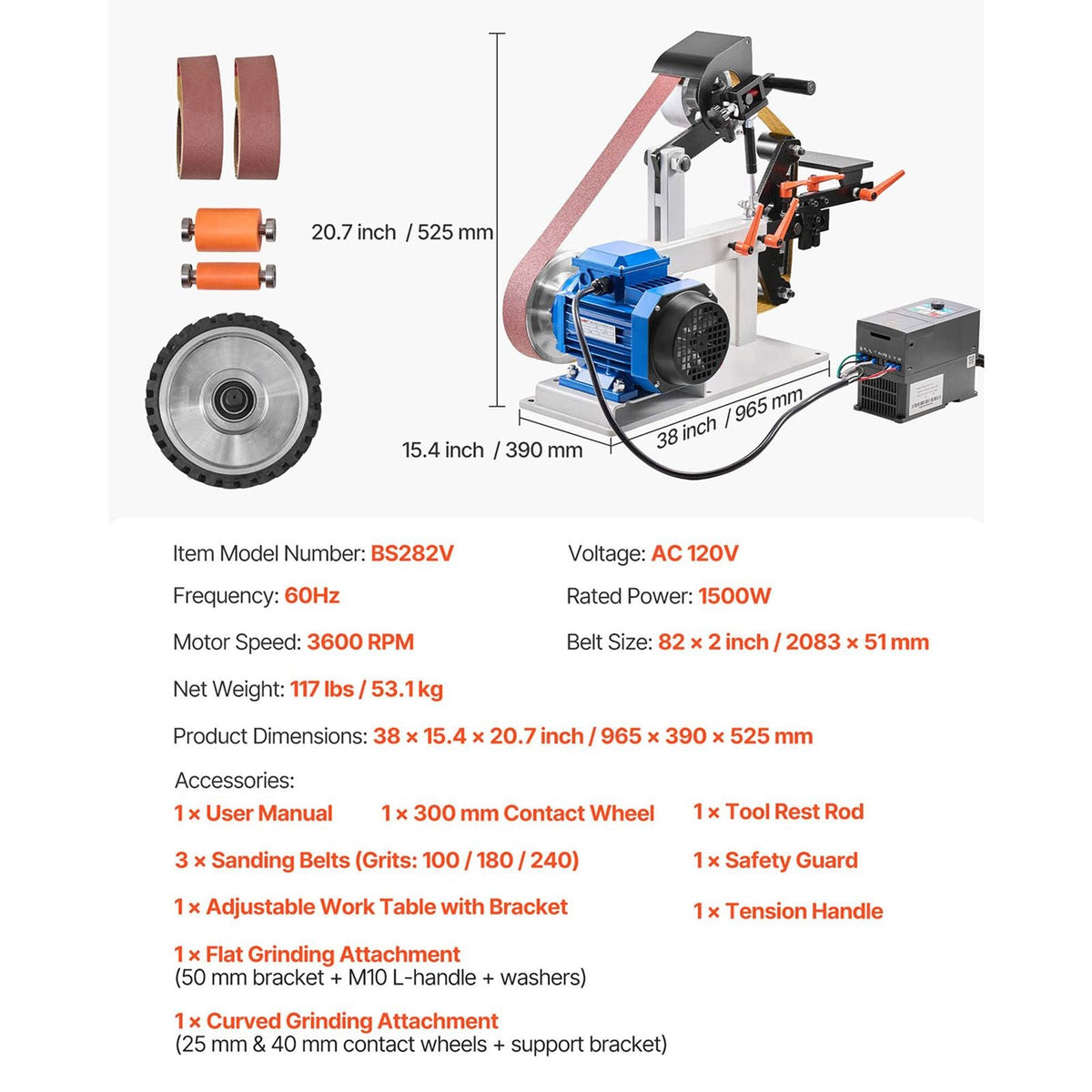 1500W 2HP Belt Sander Grinder, 2" x 82" Variable Speed Belt Grinder for Metalworking, 3 in 1 Belt Sander Polisher with 3 Grinding Moulds & Flat Platen Tool Rest for Knife Making