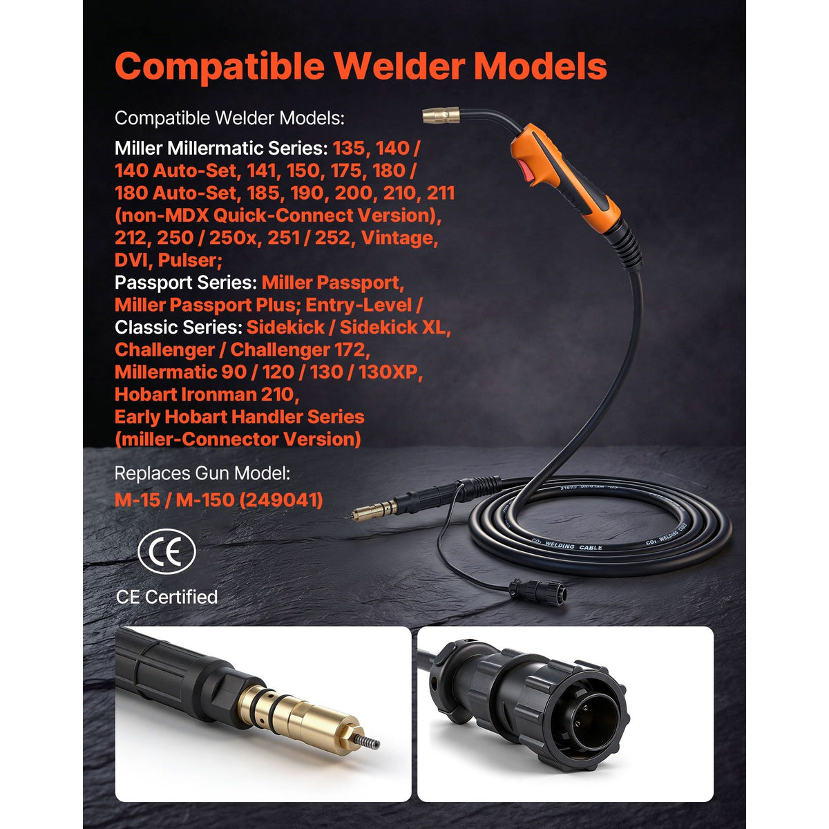 150A MIG Welding Gun with 15FT Cable, Replacement for Miller M-15/M-150 (249041) - with 5PCS Mig Welding Contact Tips