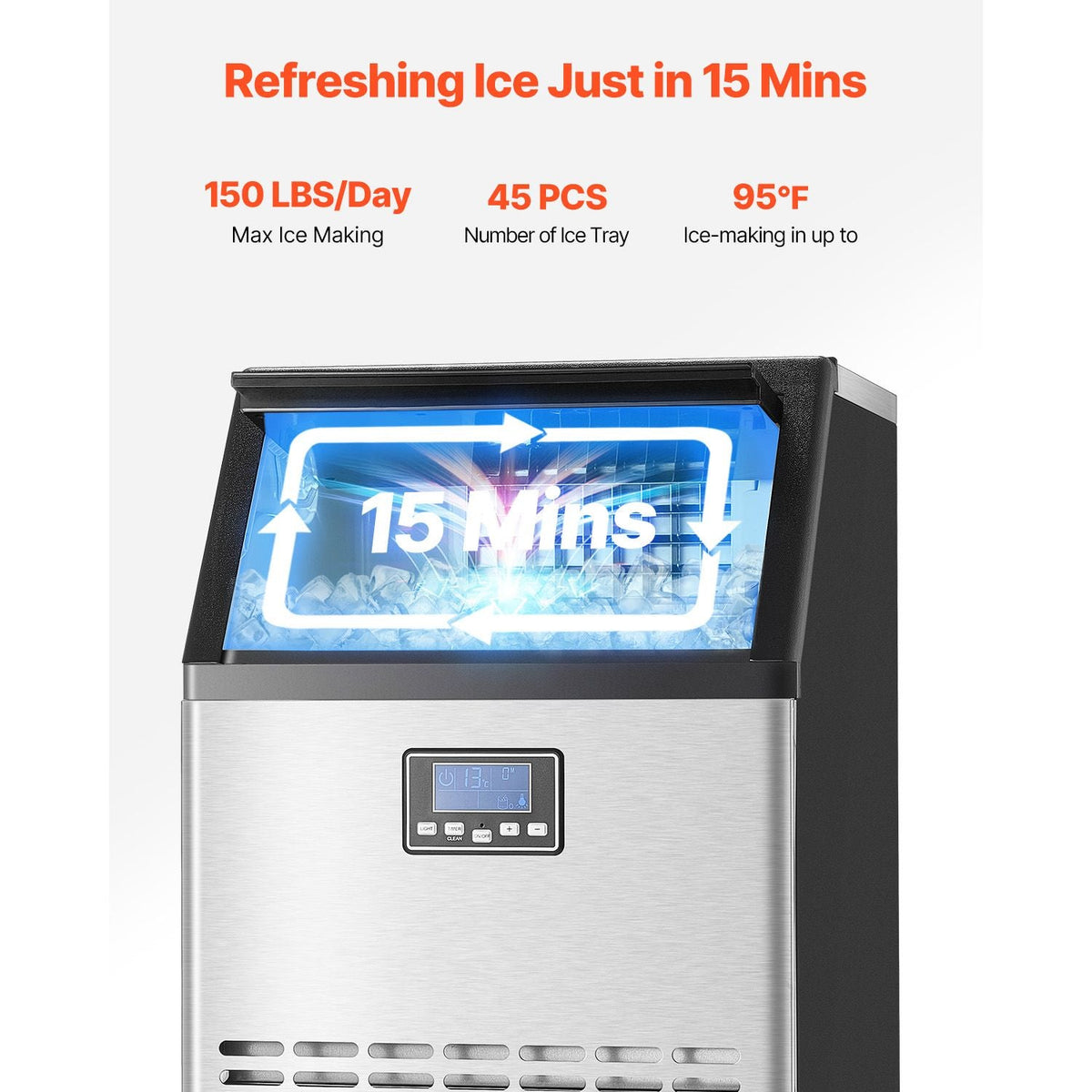 150lbs/24H Commercial Ice Maker, 45 Ice Cubes in 15 Minutes, Freestanding Ice Maker Machine with 33lbs Large Storage Capacity for Bar Office Restaurant, with LED Digital Display & Self-Cleaning