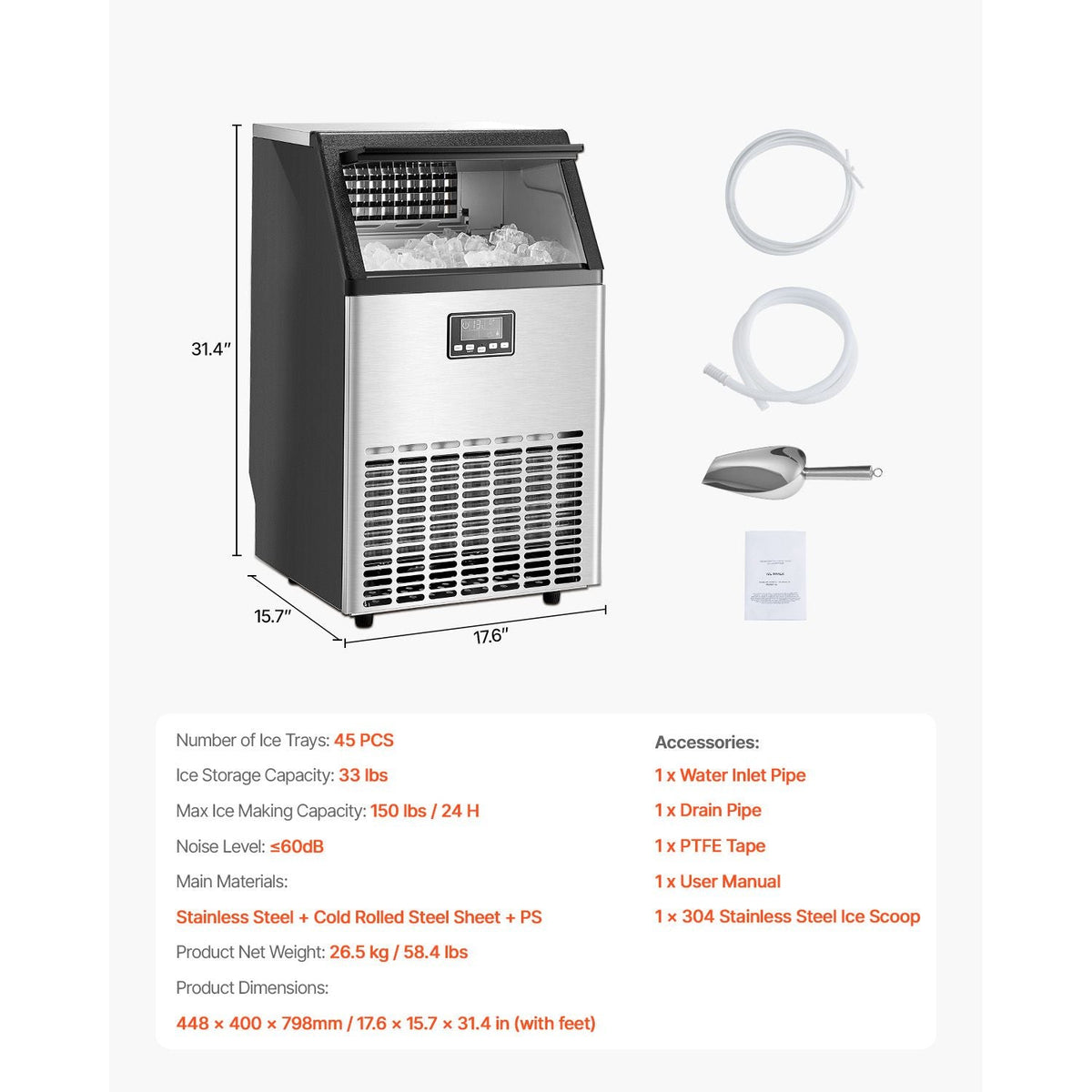 150lbs/24H Commercial Ice Maker, 45 Ice Cubes in 15 Minutes, Freestanding Ice Maker Machine with 33lbs Large Storage Capacity for Bar Office Restaurant, with LED Digital Display & Self-Cleaning